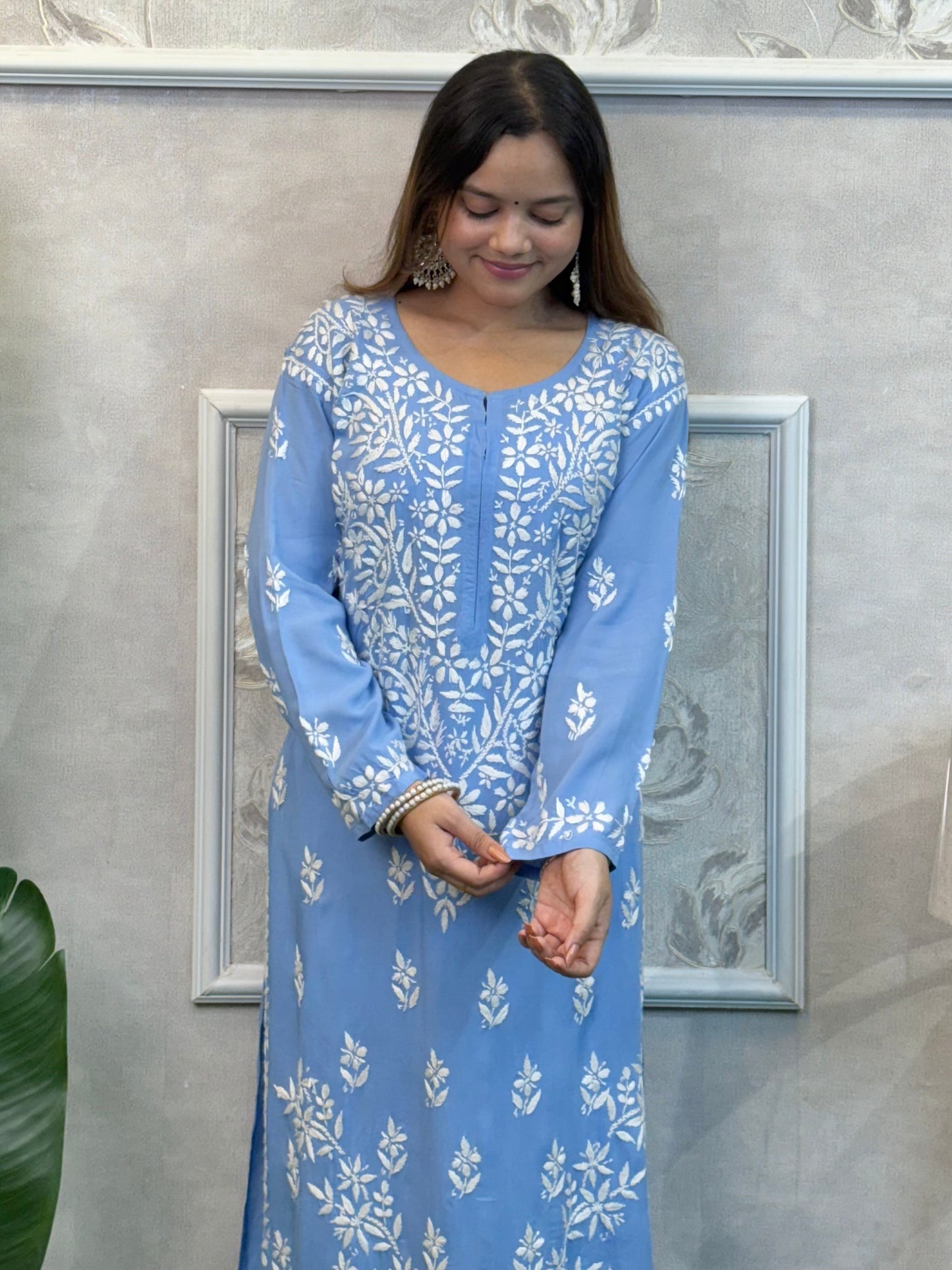 Sky Blue Lucknow Chikankari modal kurta with hand embroidery – soft and comfortable wear