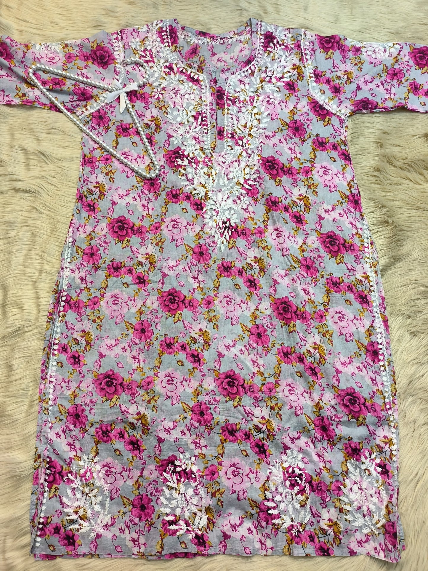 Printed floral grey mulmul chikankari kurta with white embroidery