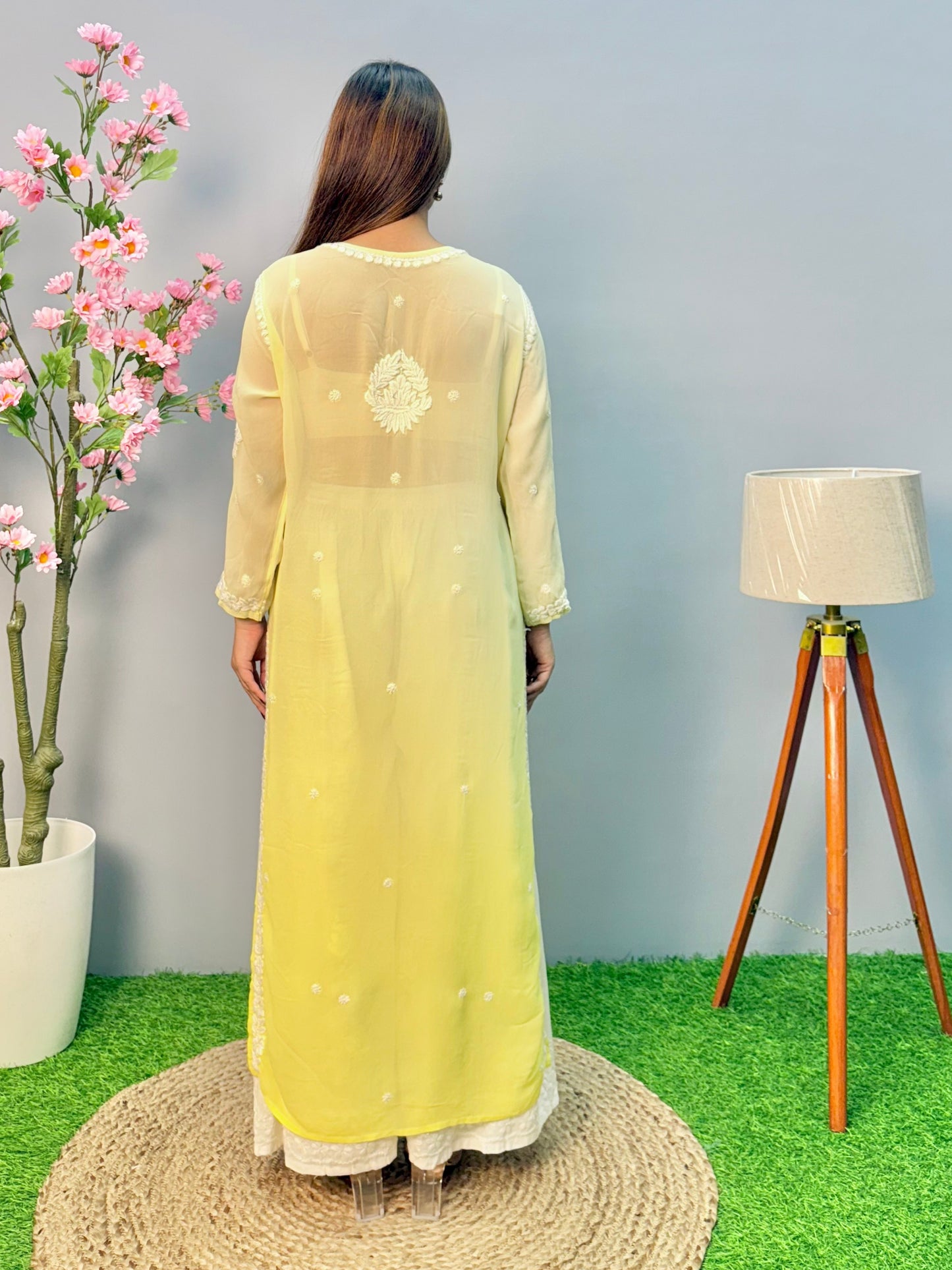 Lemon ombre Lucknow chikankari kurta in sheer viscose fabric with hand embroidery
