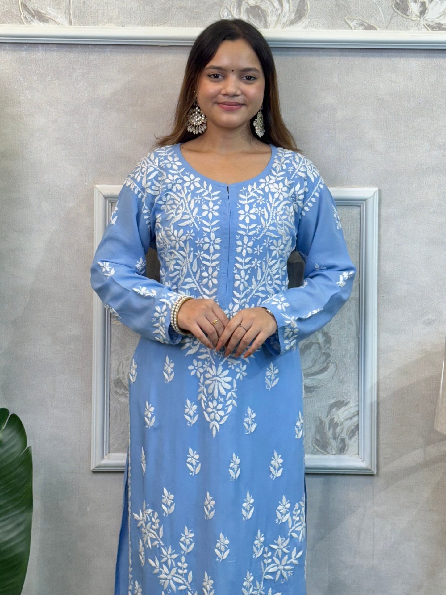 Sky Blue Lucknow Chikankari modal kurta with hand embroidery – soft and comfortable wear