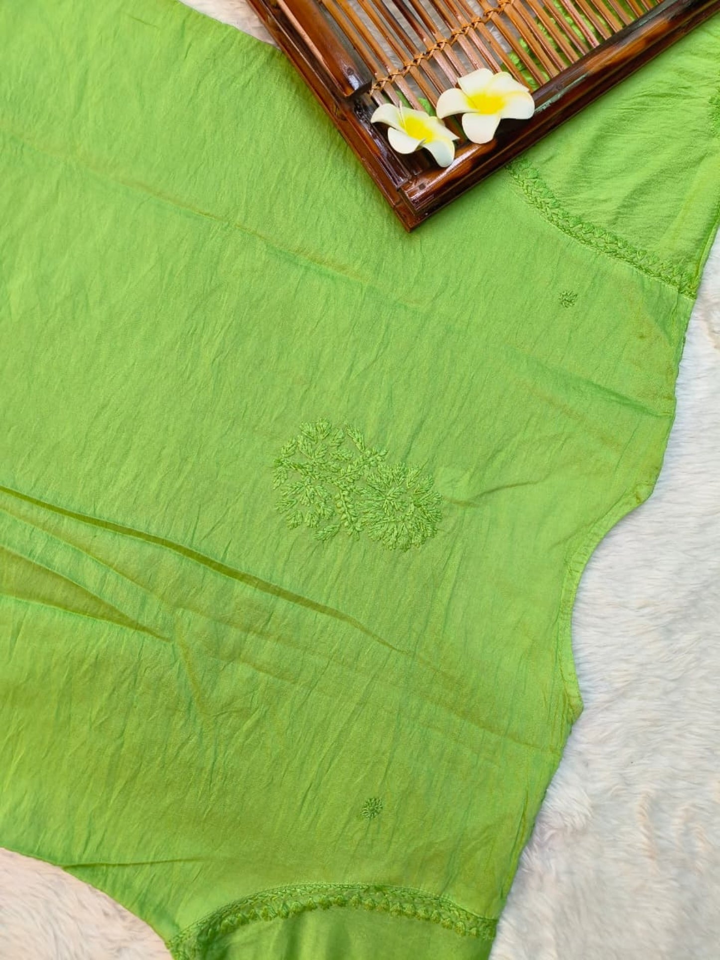 Green chanderi Lucknow Chikankari kurta with cotton lycra stretchable pants, featuring hand embroidery.