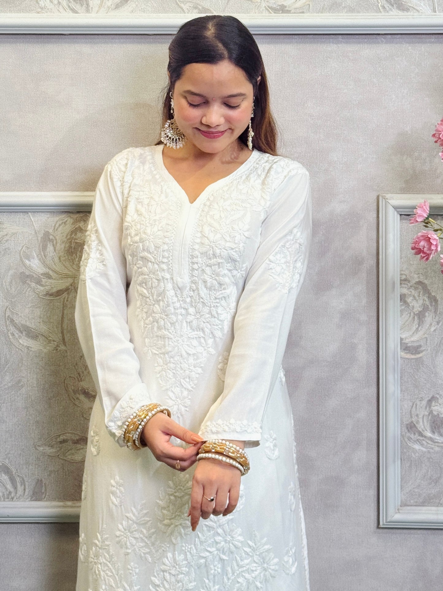 White dyable Lucknow Chikankari rayon kurta and dhoti pant set with hand embroidery.