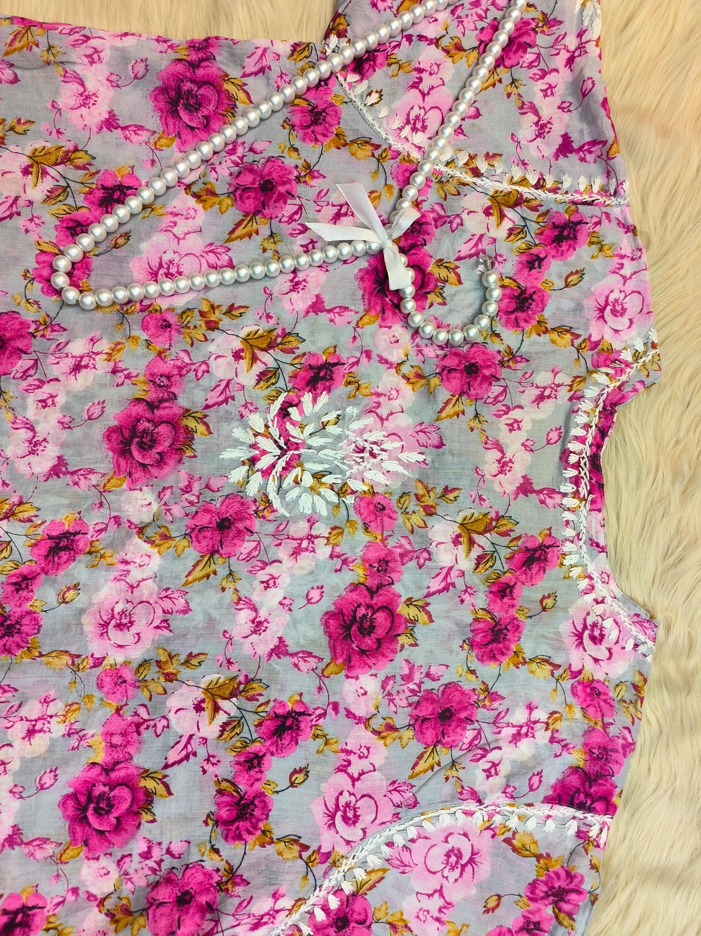 Printed floral grey mulmul chikankari kurta with white embroidery