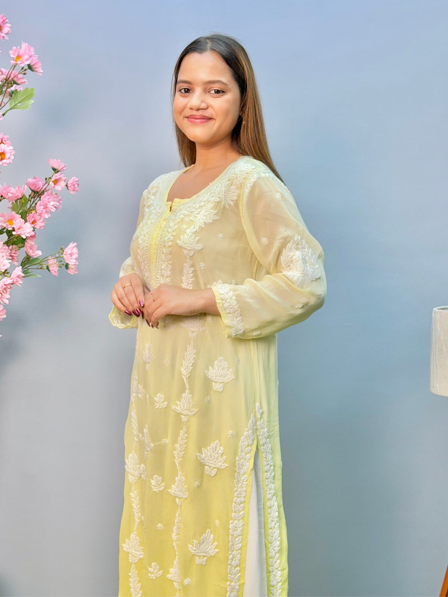 Lemon ombre Lucknow chikankari kurta in sheer viscose fabric with hand embroidery