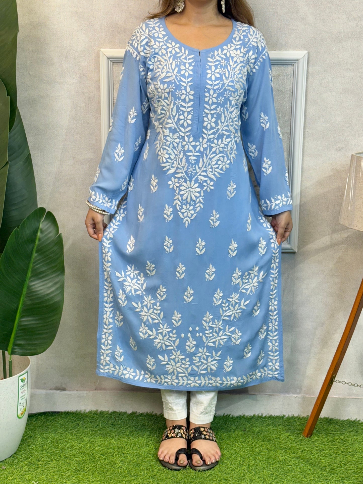 Sky Blue Lucknow Chikankari modal kurta with hand embroidery – soft and comfortable wear
