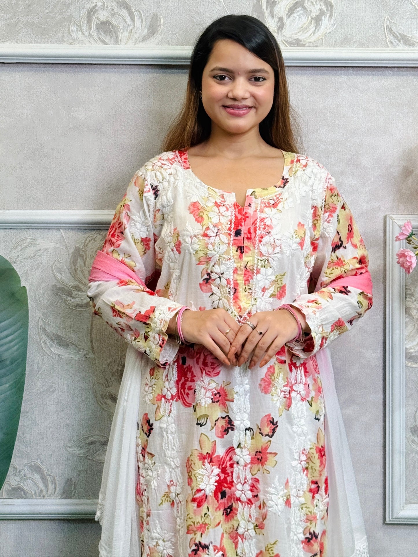 Lucknow Chikankari printed mulmul kurta palazzo set with hand embroidery and chiffon dupatta.
