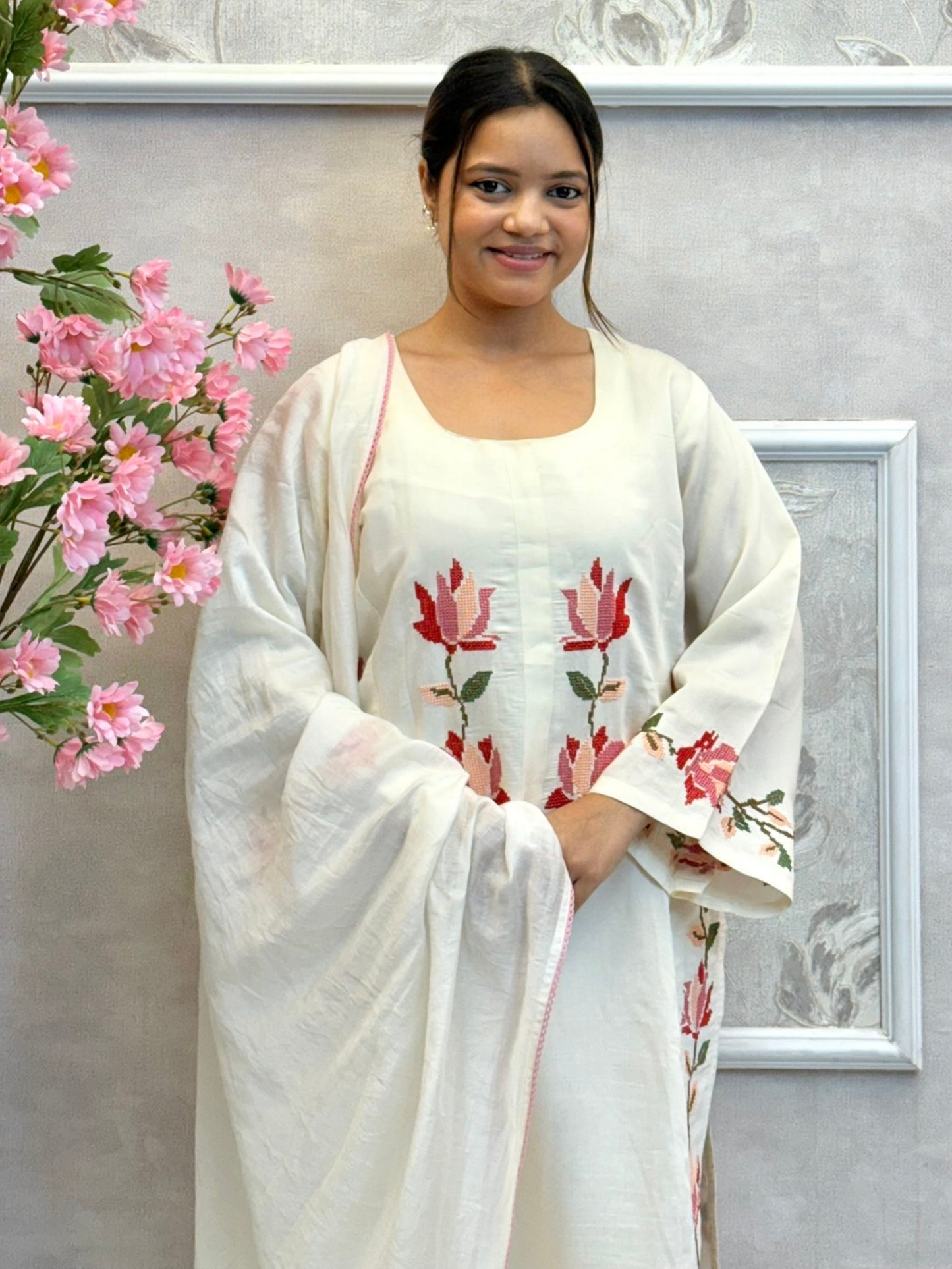 Off-white muslin kurta set with floral hand embroidery, striped pant, and chanderi dupatta – premium ethnic wear