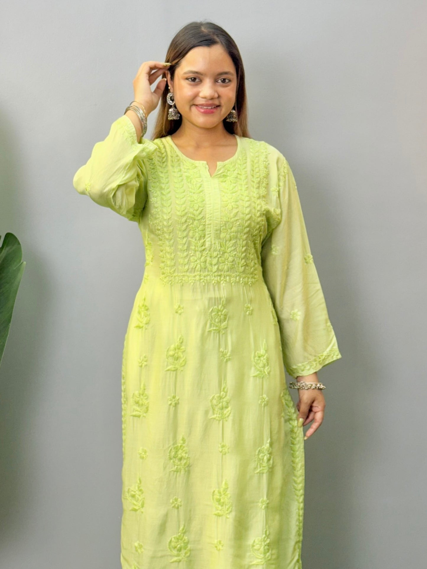 Lime green muslin Lucknow Chikankari kurta with hand embroidery for women