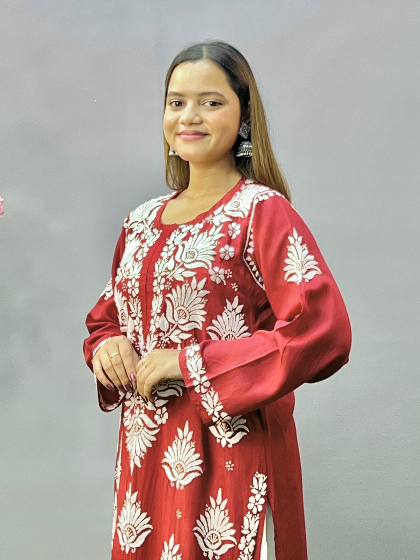 Maroon modal fabric chikankari kurta with white embroidery