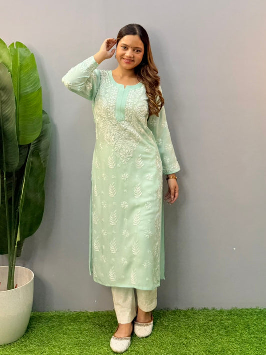 Mint green modal fabric chikankari kurta with white floral hand embroidery, straight long kurti for women