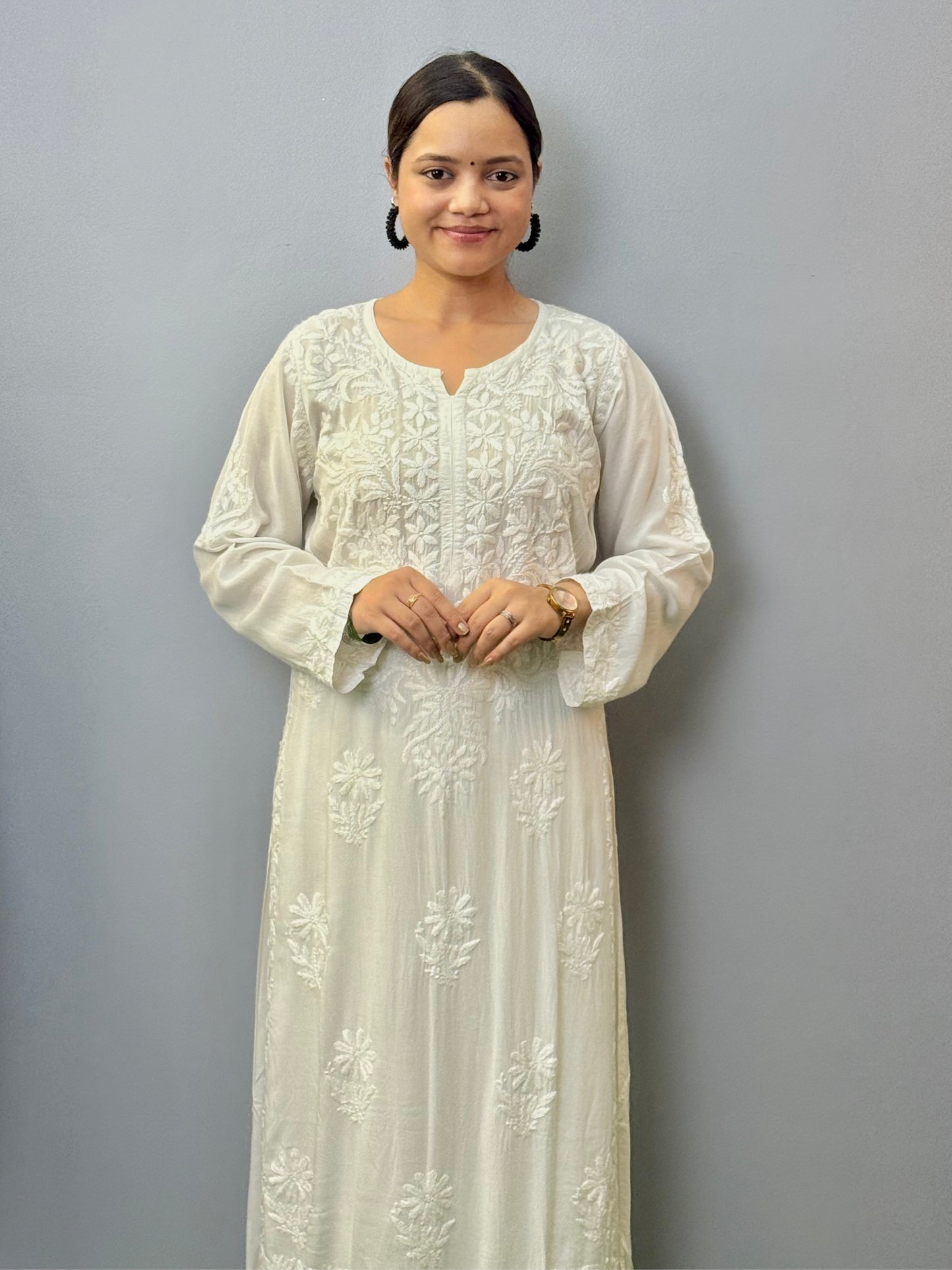 White Lucknow Chikankari modal kurta with hand embroidery, dyable fabric, soft and comfortable wear.
