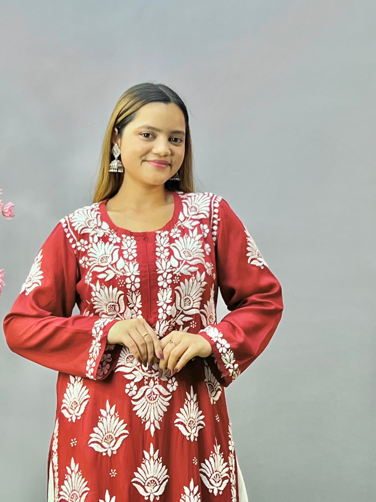 Maroon modal fabric chikankari kurta with white embroidery