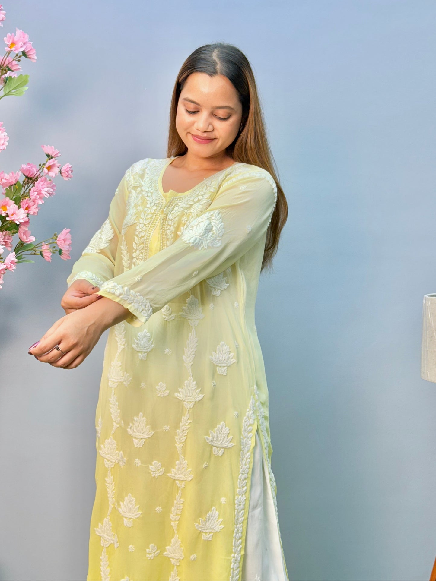 Lemon ombre Lucknow chikankari kurta in sheer viscose fabric with hand embroidery