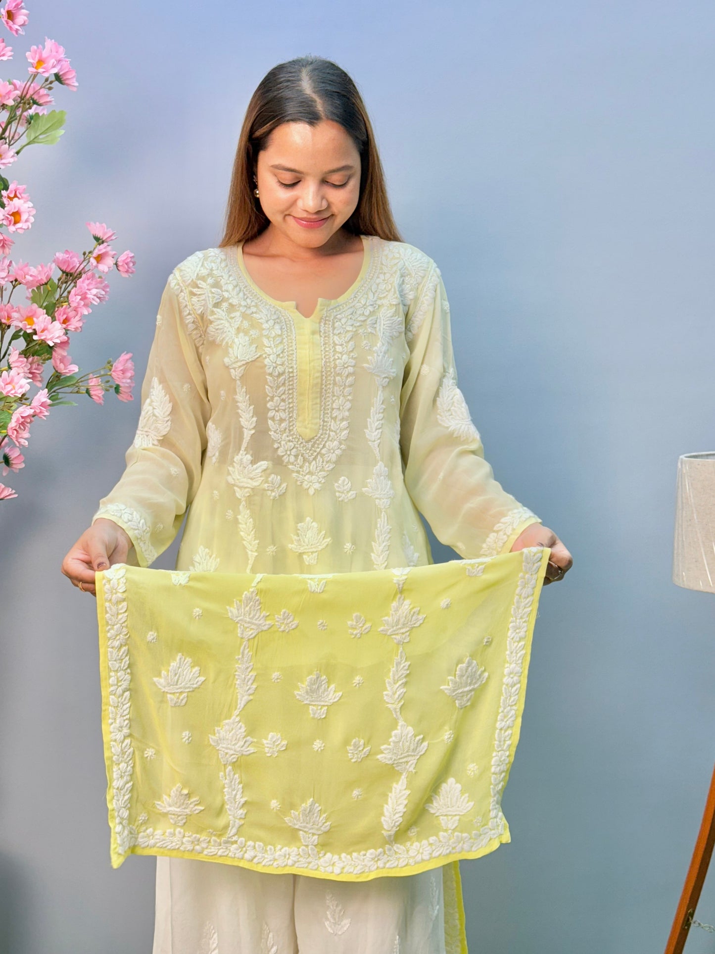 Lemon ombre Lucknow chikankari kurta in sheer viscose fabric with hand embroidery
