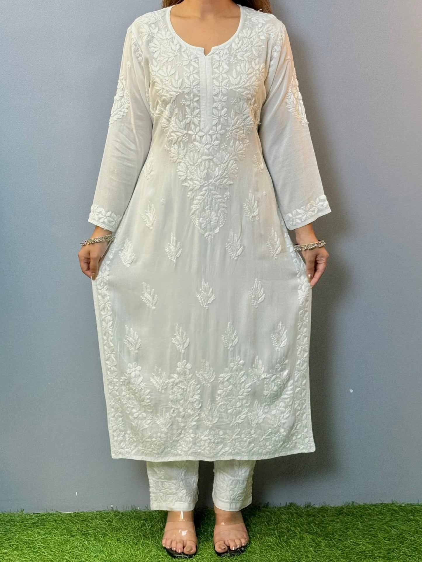 White modal chikankari kurta with hand embroidery