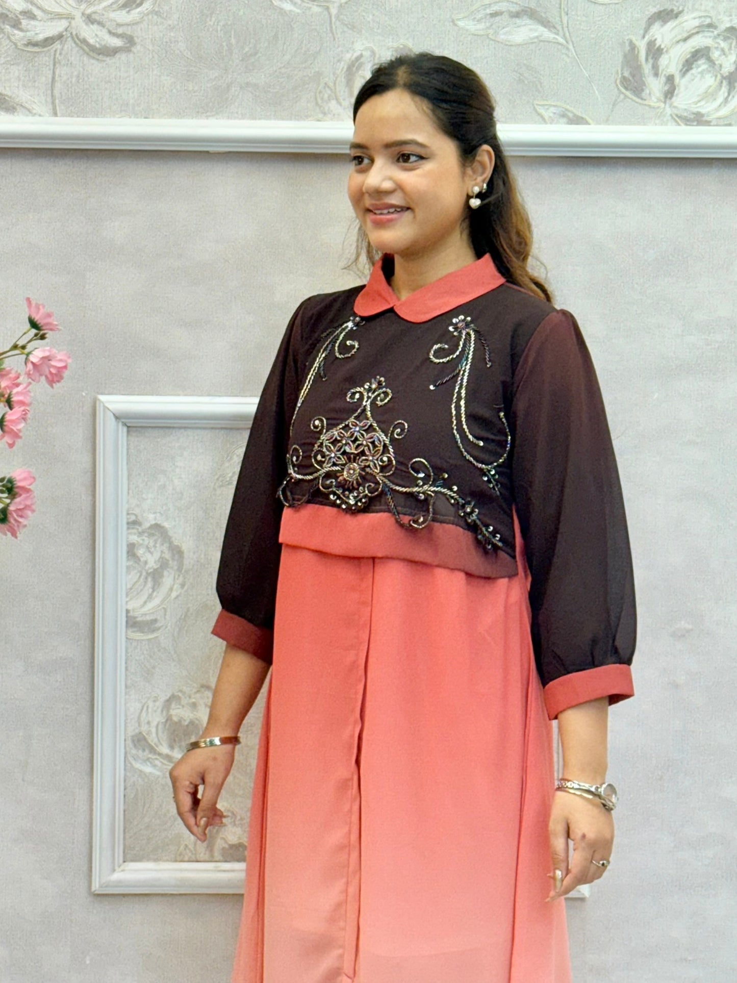 Peach brown ombre Indo-Western georgette dress with hand embroidery and collar neck design