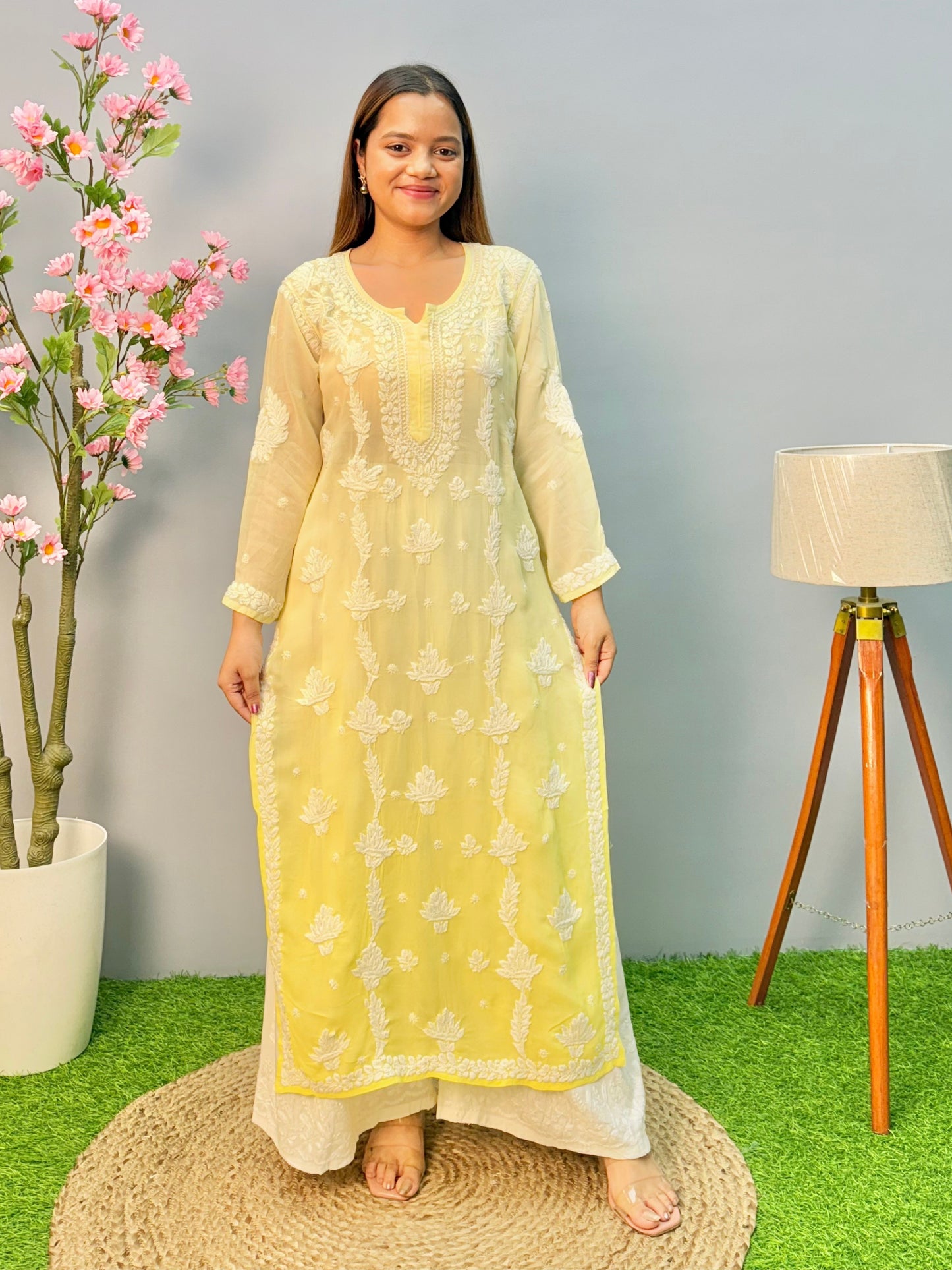 Lemon ombre Lucknow chikankari kurta in sheer viscose fabric with hand embroidery