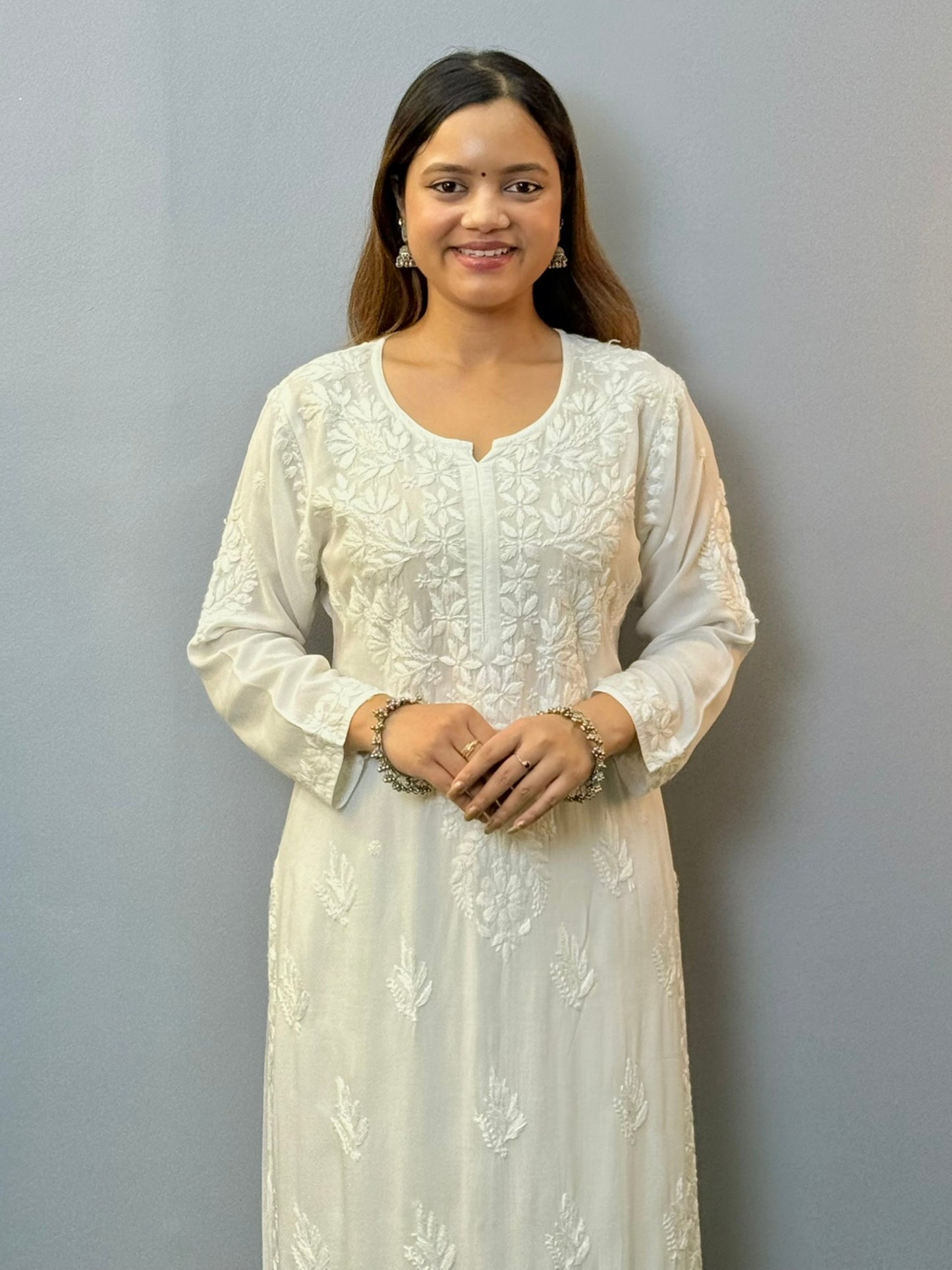 White modal chikankari kurta with hand embroidery
