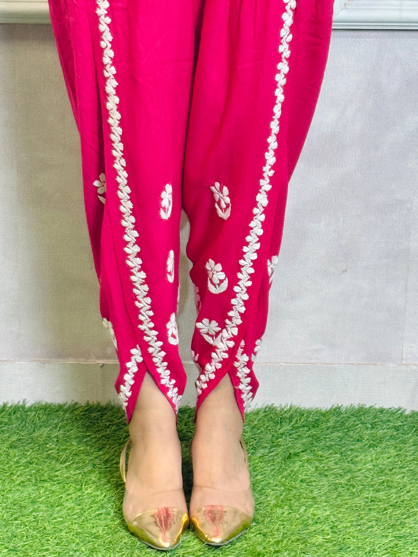 Hot Pink Lucknow Chikankari rayon kurta with matching dhoti set, featuring detailed white hand embroidery.