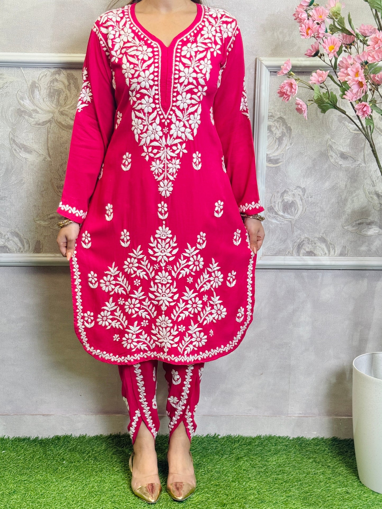 Hot Pink Lucknow Chikankari rayon kurta with matching dhoti set, featuring detailed white hand embroidery.