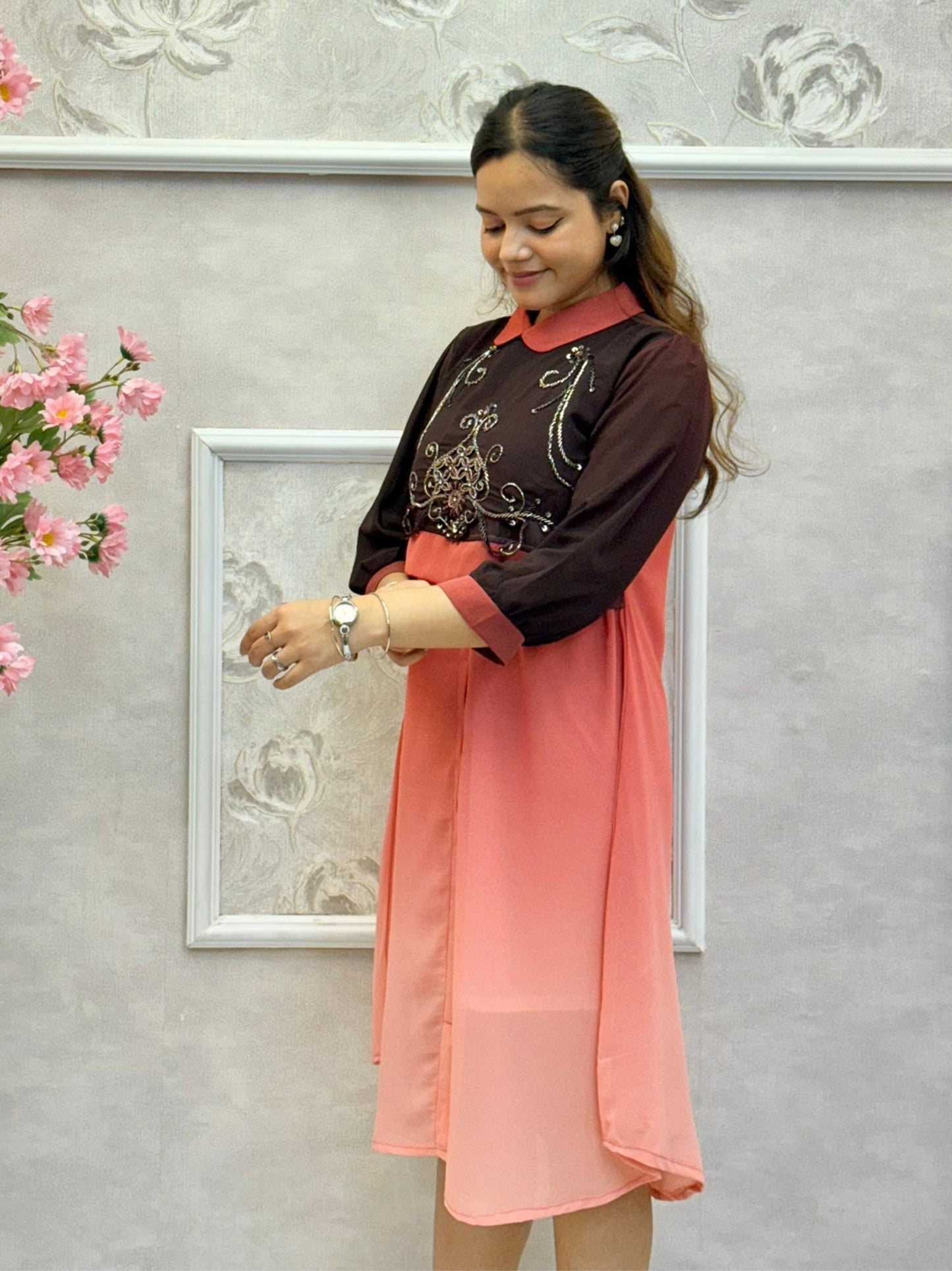 Peach brown ombre Indo-Western georgette dress with hand embroidery and collar neck design