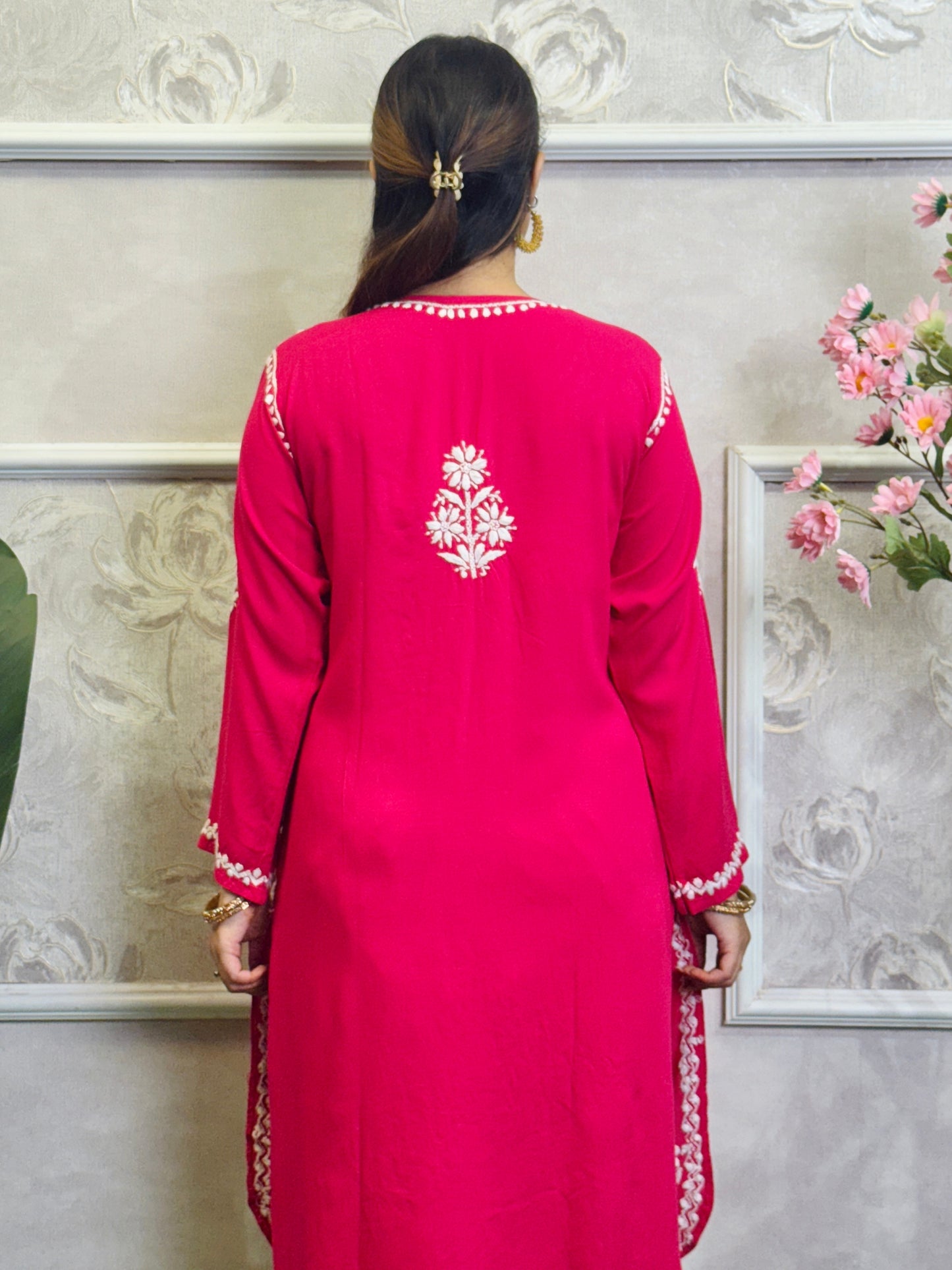 Hot Pink Lucknow Chikankari rayon kurta with matching dhoti set, featuring detailed white hand embroidery.