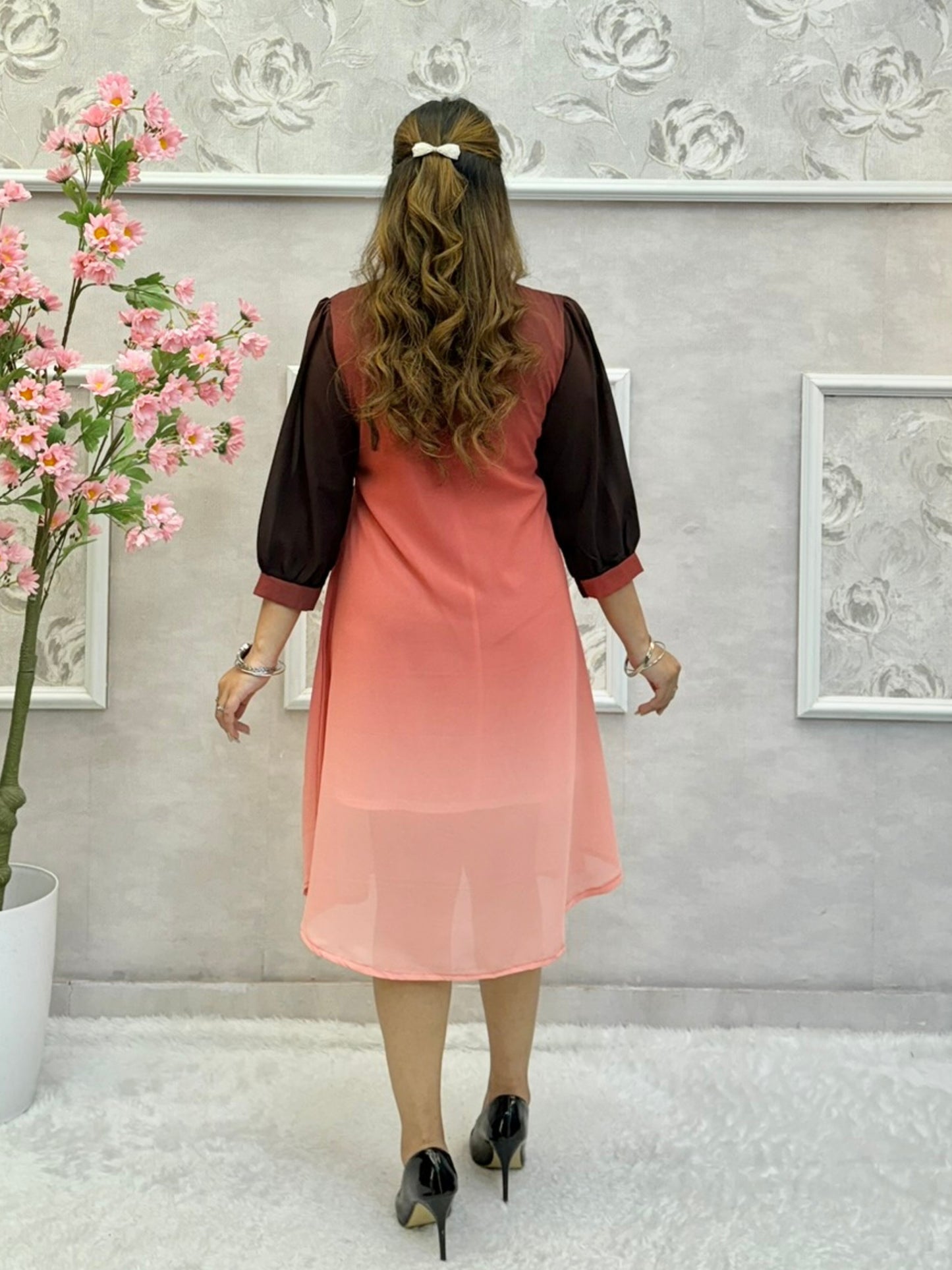 Peach brown ombre Indo-Western georgette dress with hand embroidery and collar neck design