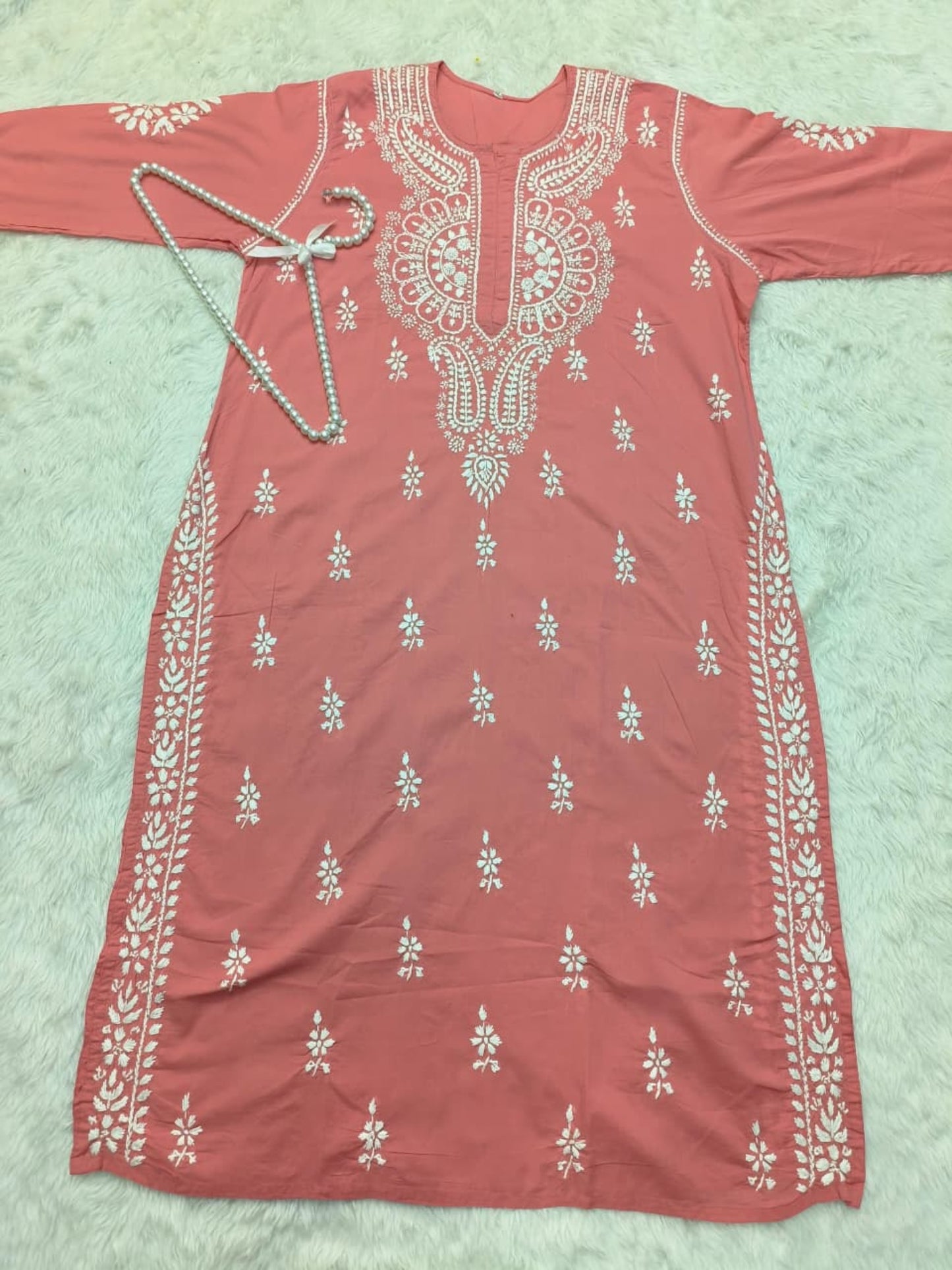 Peach cotton hand embroidered Lucknow Chikankari kurta – premium quality ethnic wear