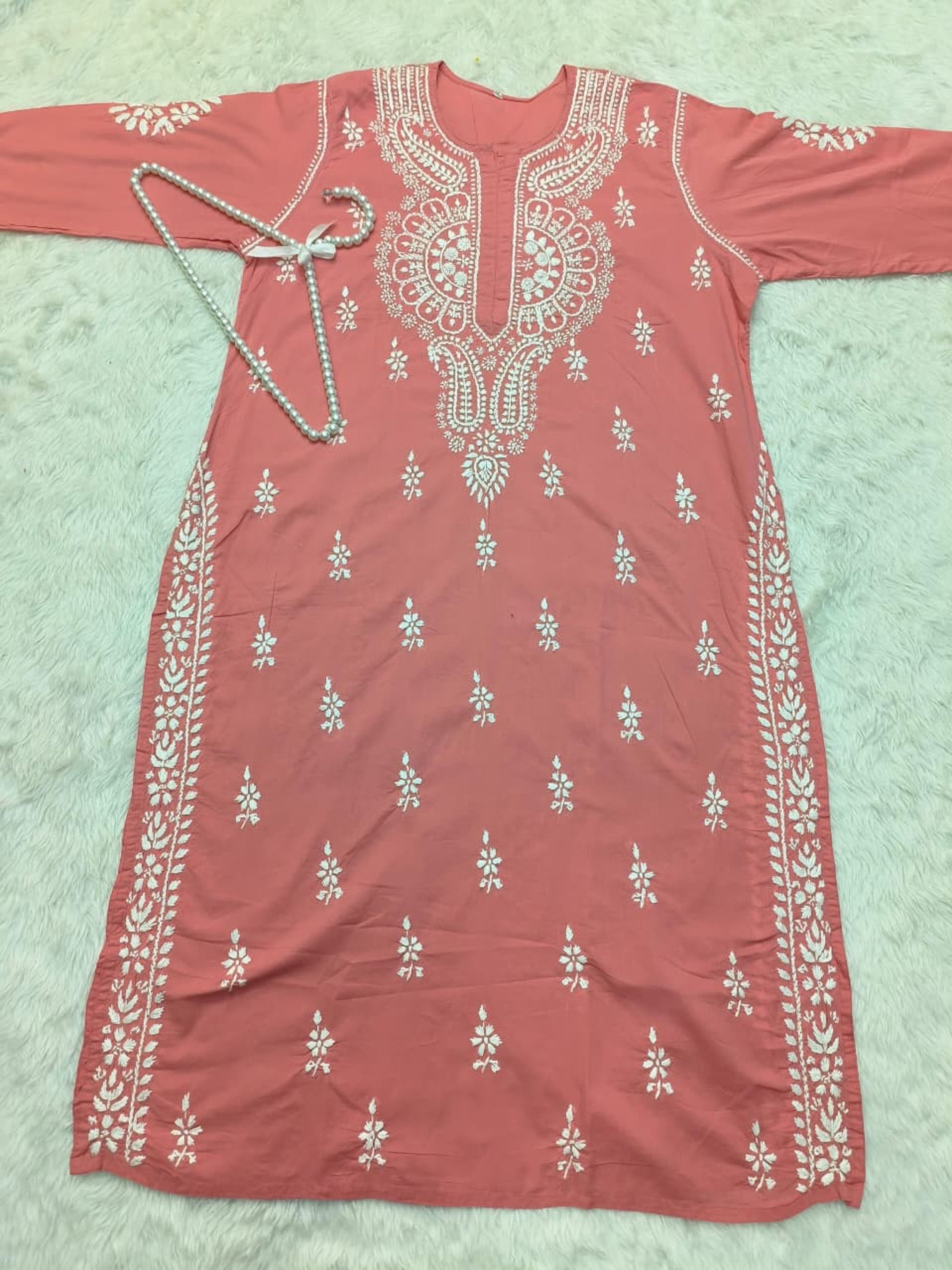 Peach cotton hand embroidered Lucknow Chikankari kurta – premium quality ethnic wear