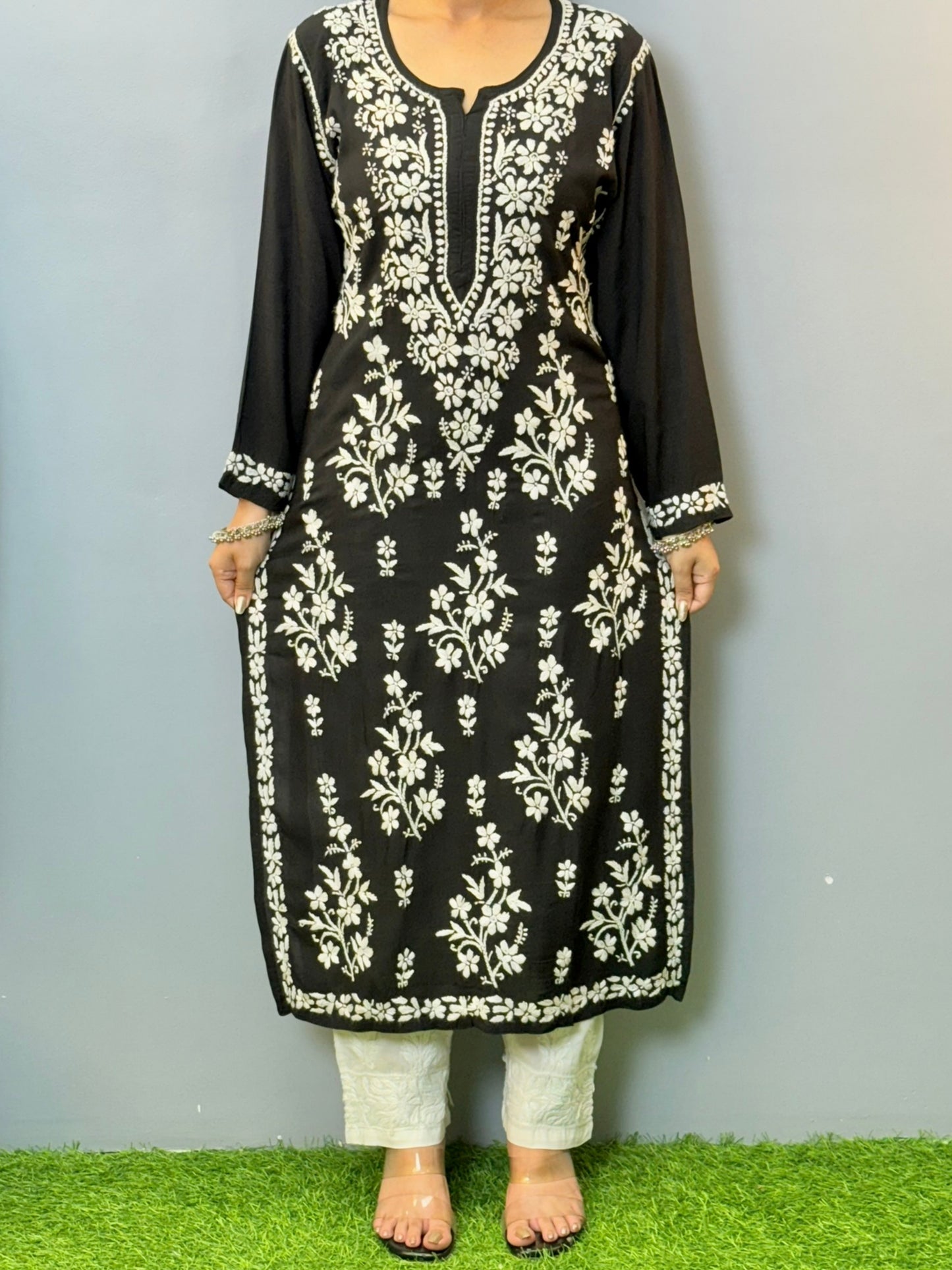 Black modal chikankari kurta with white hand embroidery work