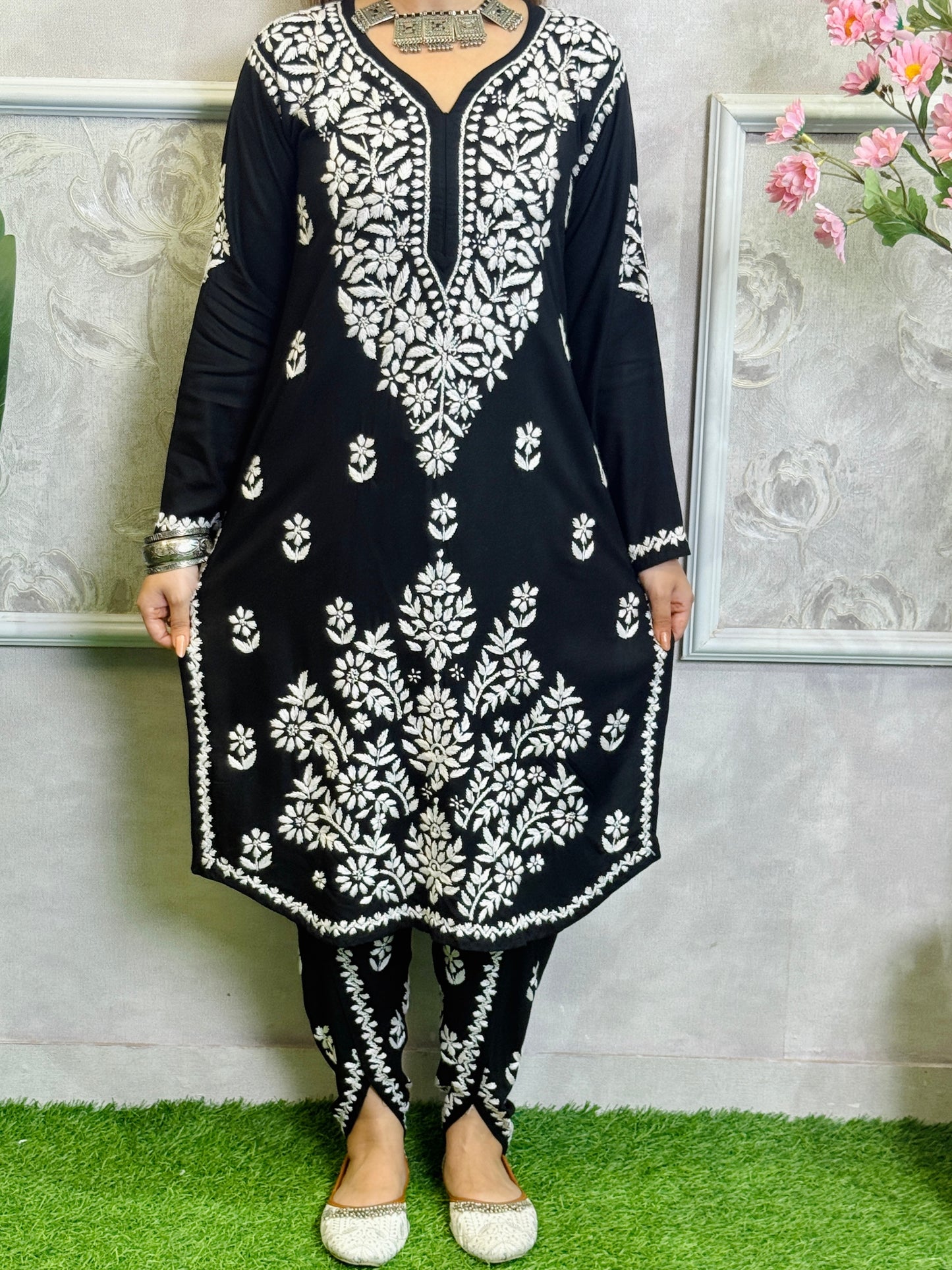 Black Lucknow Chikankari hand-embroidered rayon kurta with matching dhoti pant set