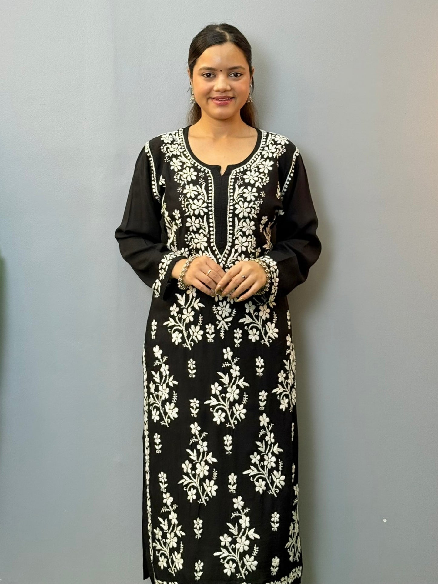 Black modal chikankari kurta with white hand embroidery work