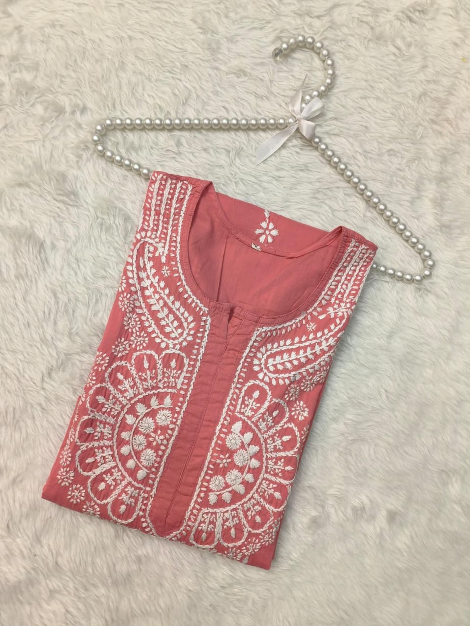Peach cotton hand embroidered Lucknow Chikankari kurta – premium quality ethnic wear