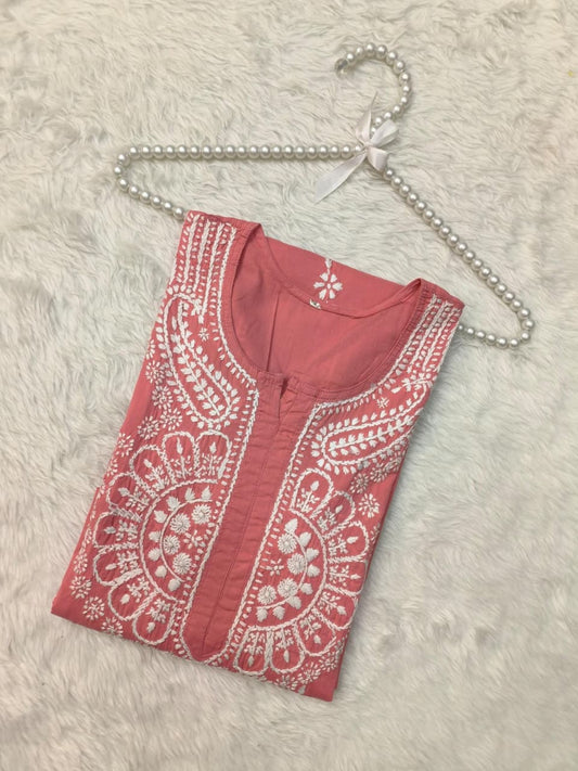 Peach cotton hand embroidered Lucknow Chikankari kurta – premium quality ethnic wear