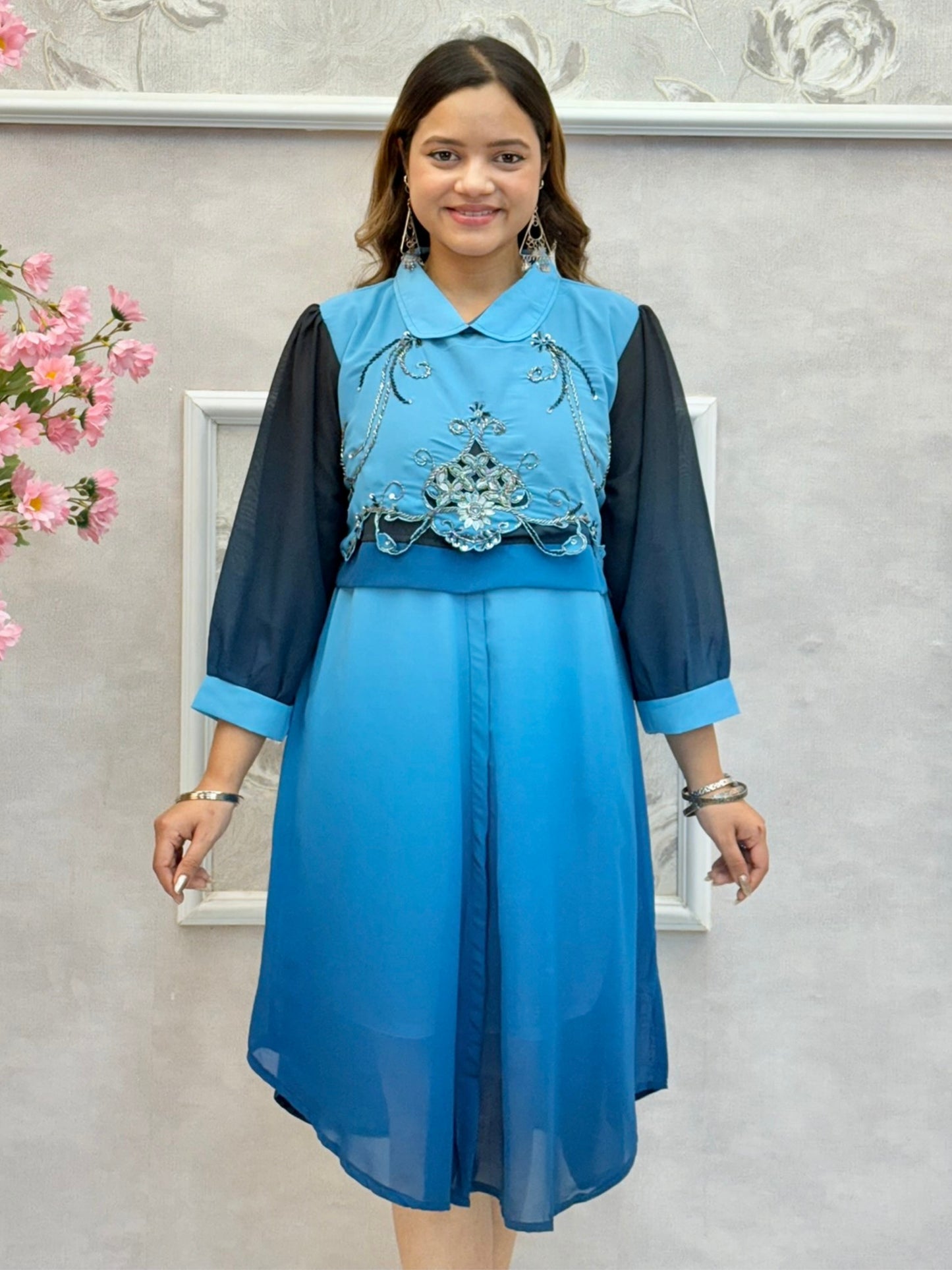 Royal blue and navy ombre Indo-Western georgette dress with handwork and designer yoke