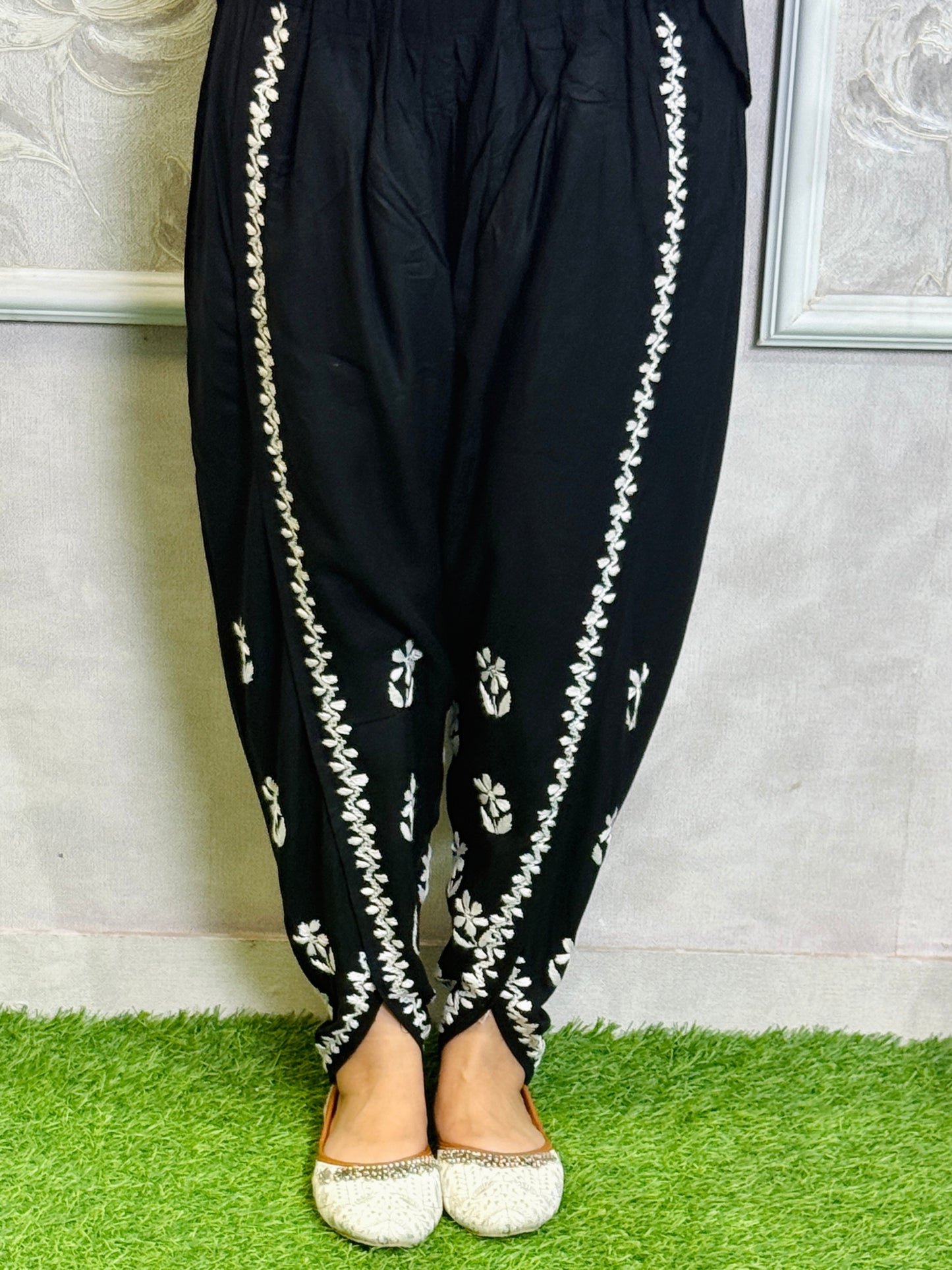 Black Lucknow Chikankari hand-embroidered rayon kurta with matching dhoti pant set