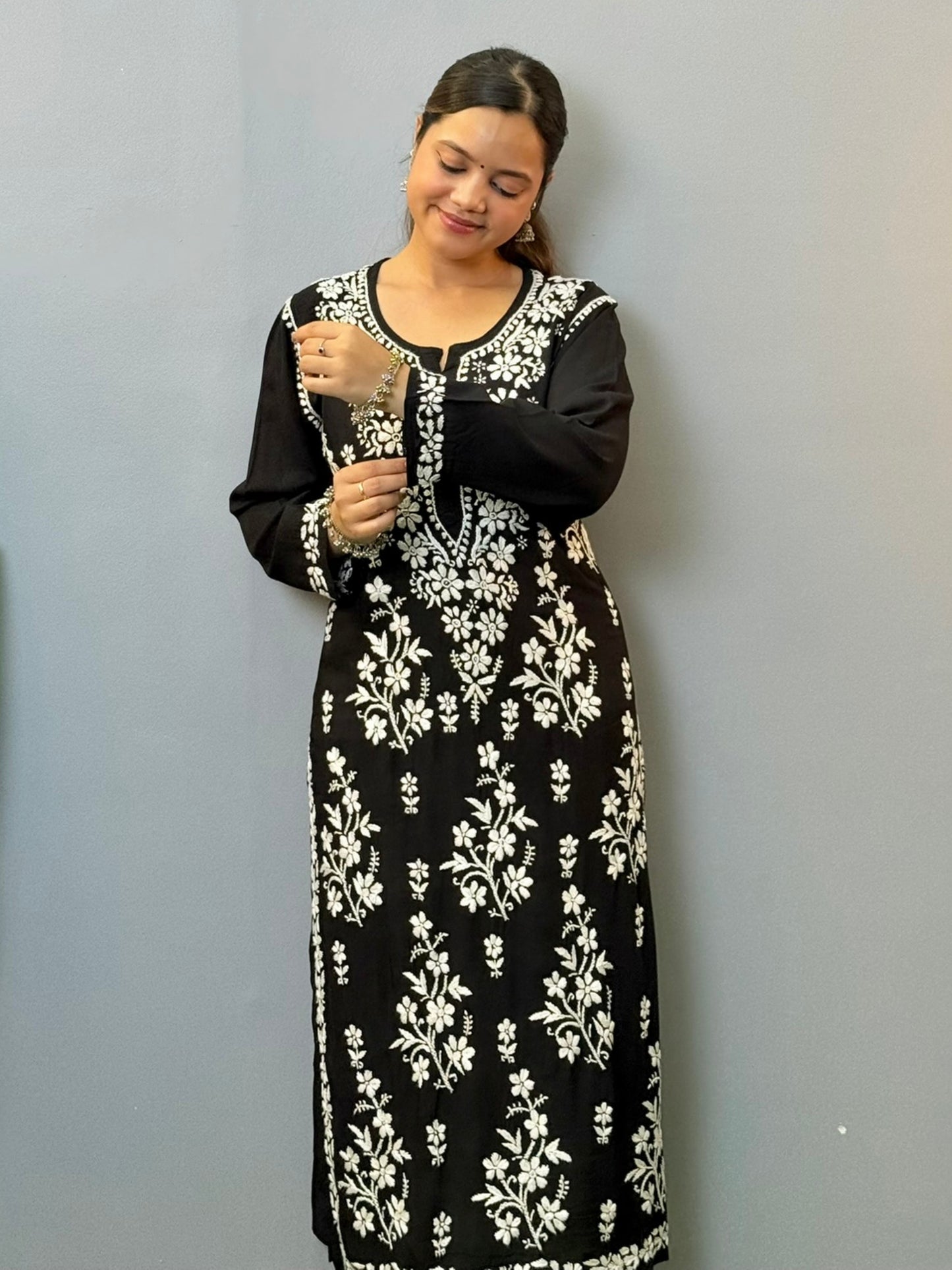 Black modal chikankari kurta with white hand embroidery work