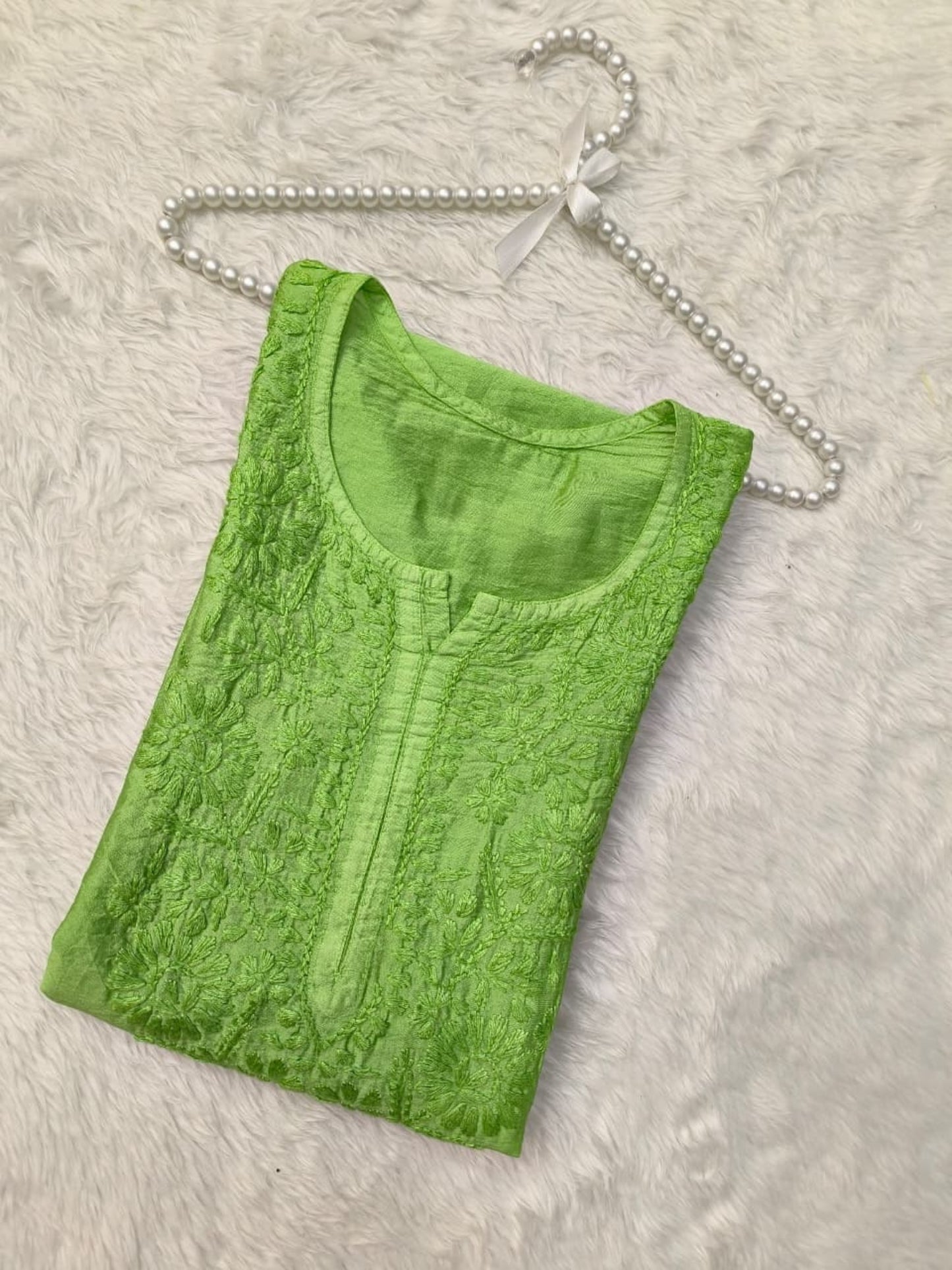 Green Chanderi Lucknow Chikankari Kurta with hand embroidery