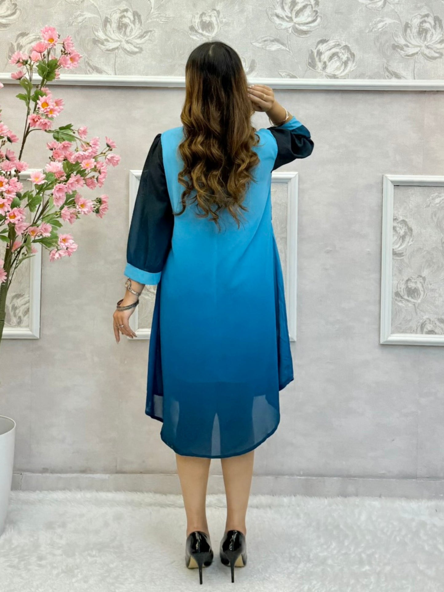 Royal blue and navy ombre Indo-Western georgette dress with handwork and designer yoke