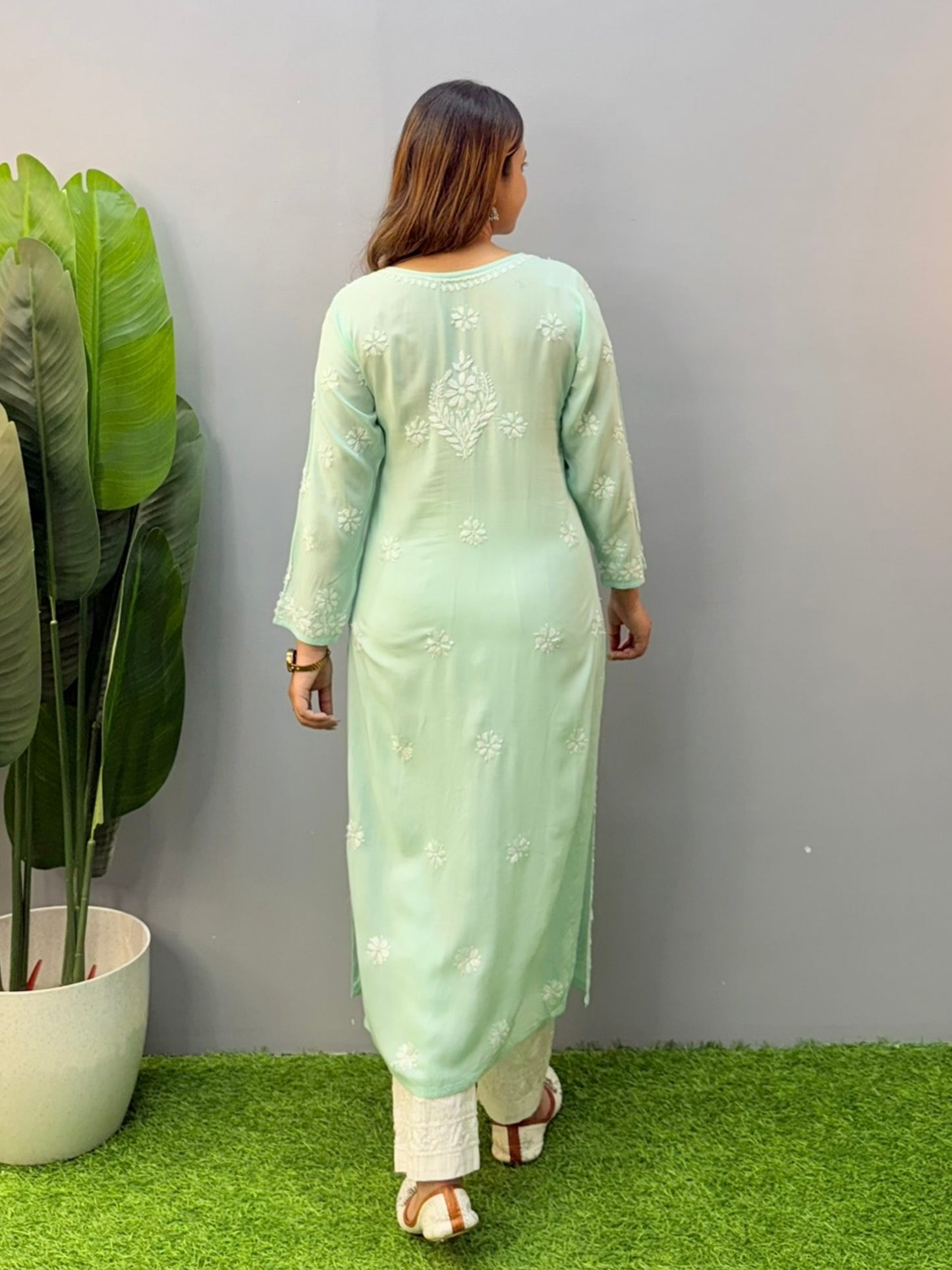 Mint green modal fabric chikankari kurta with white floral hand embroidery, straight long kurti for women