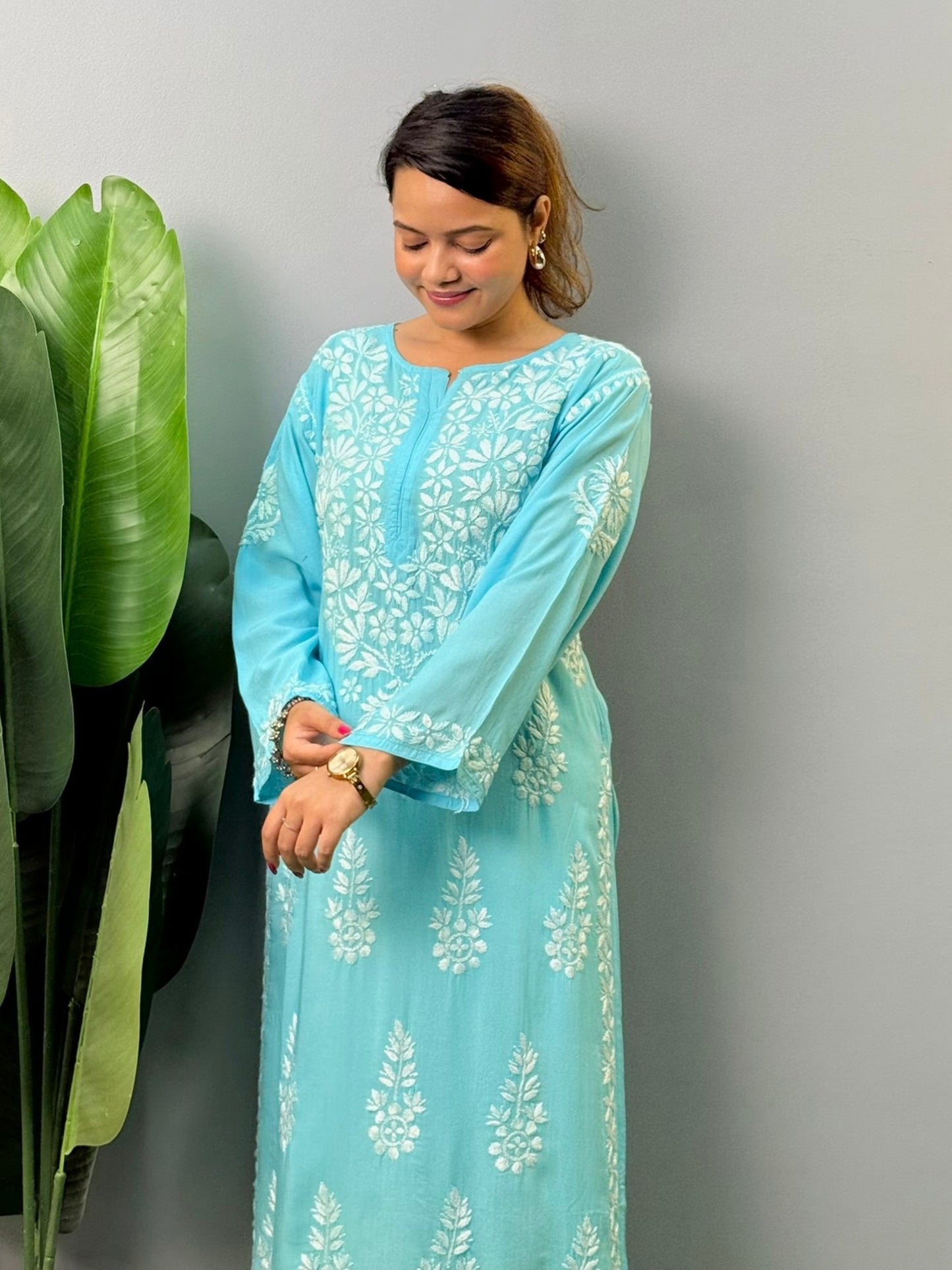 Turquoise blue modal Chikankari kurta with white hand embroidery – soft and elegant ethnic wear for women