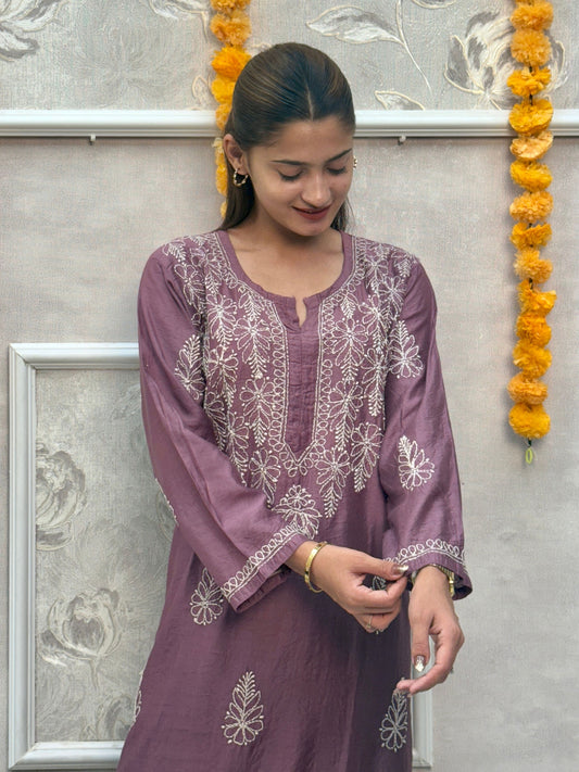 Wine chanderi chikankari kurta with bakhiya hand embroidery, premium quality