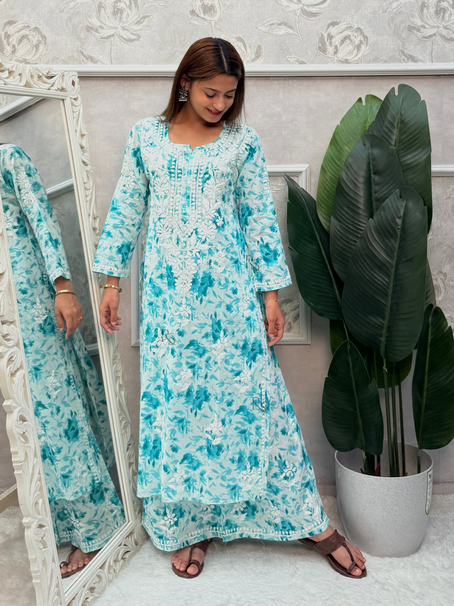 Aqua blue printed Lucknow Chikankari kurta and palazzo set in mulmul fabric with hand embroidery