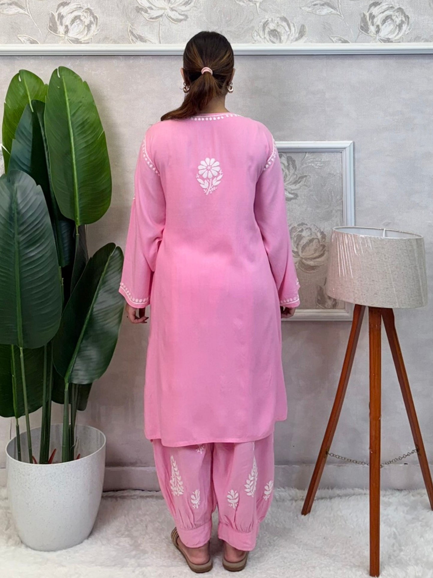 Pink rayon chikankari kurta and Afghani pant set with white hand embroidery – soft and comfortable