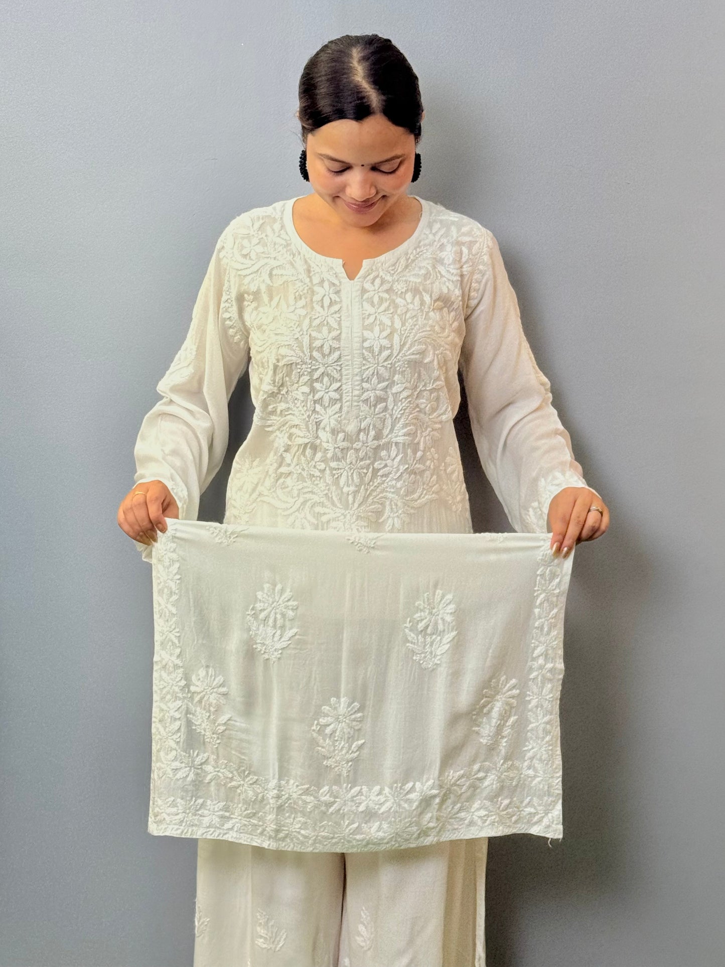 White Lucknow Chikankari modal kurta with hand embroidery, dyable fabric, soft and comfortable wear.