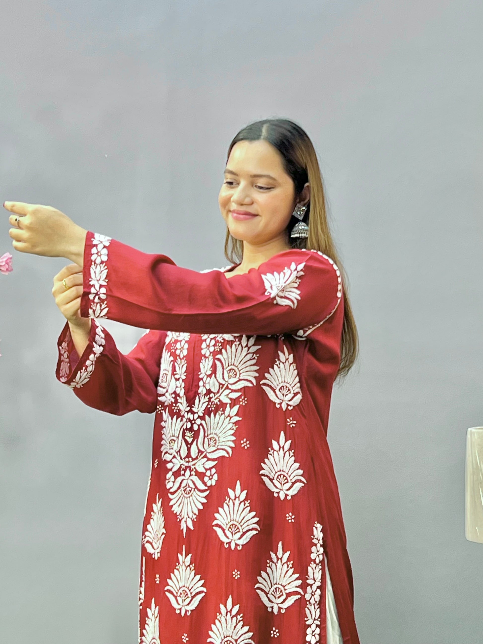 Maroon modal fabric chikankari kurta with white embroidery