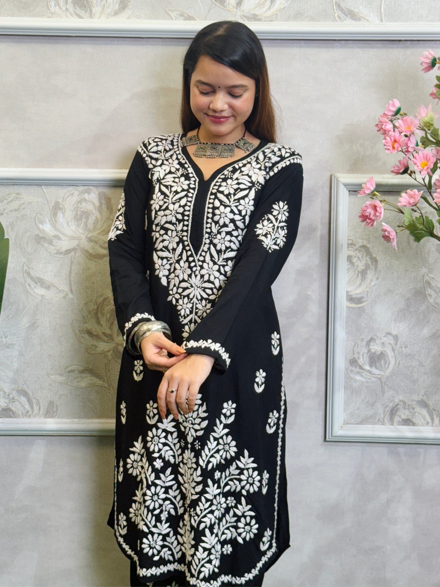 Black Lucknow Chikankari hand-embroidered rayon kurta with matching dhoti pant set