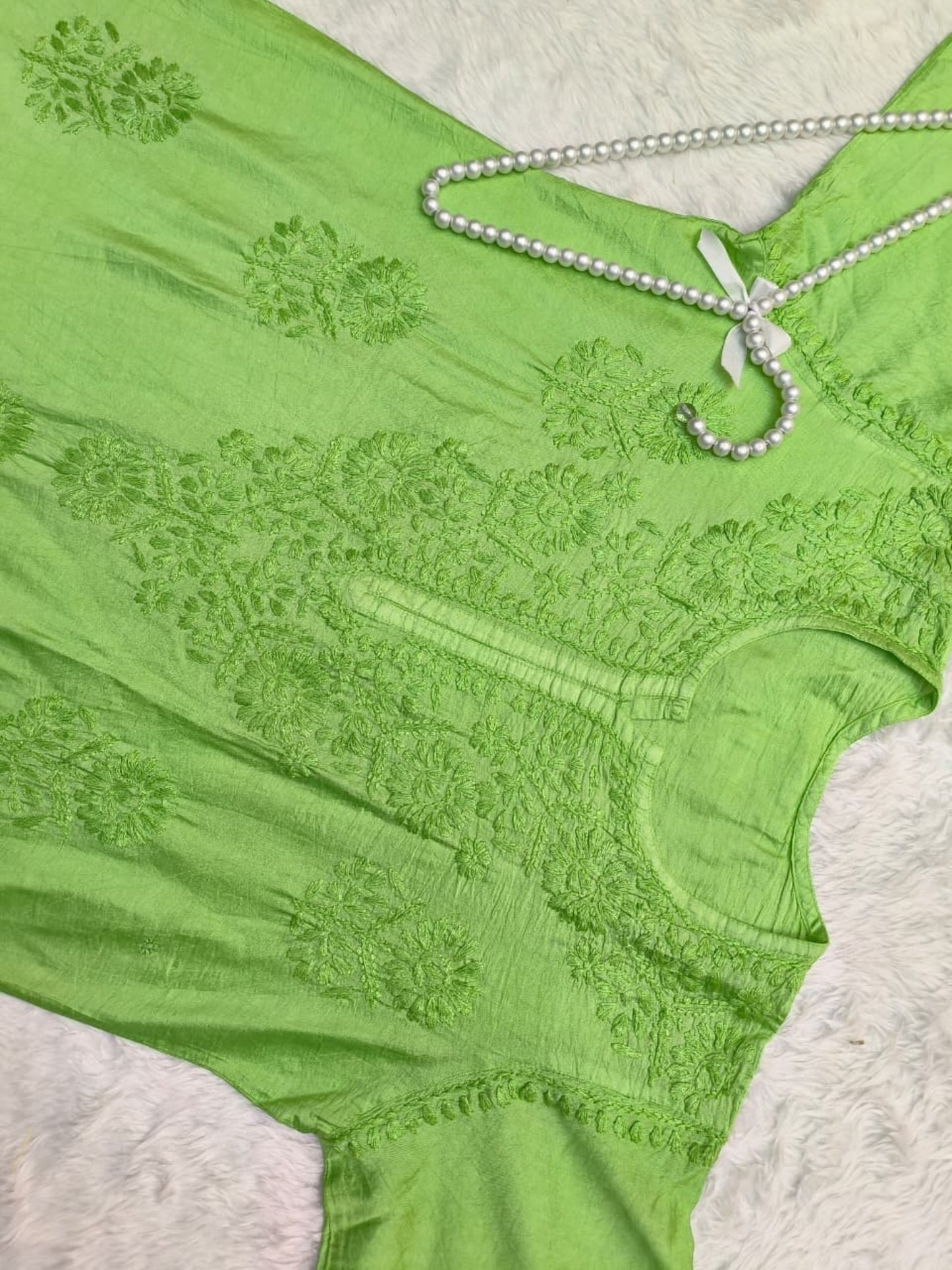 Green Chanderi Lucknow Chikankari Kurta with hand embroidery