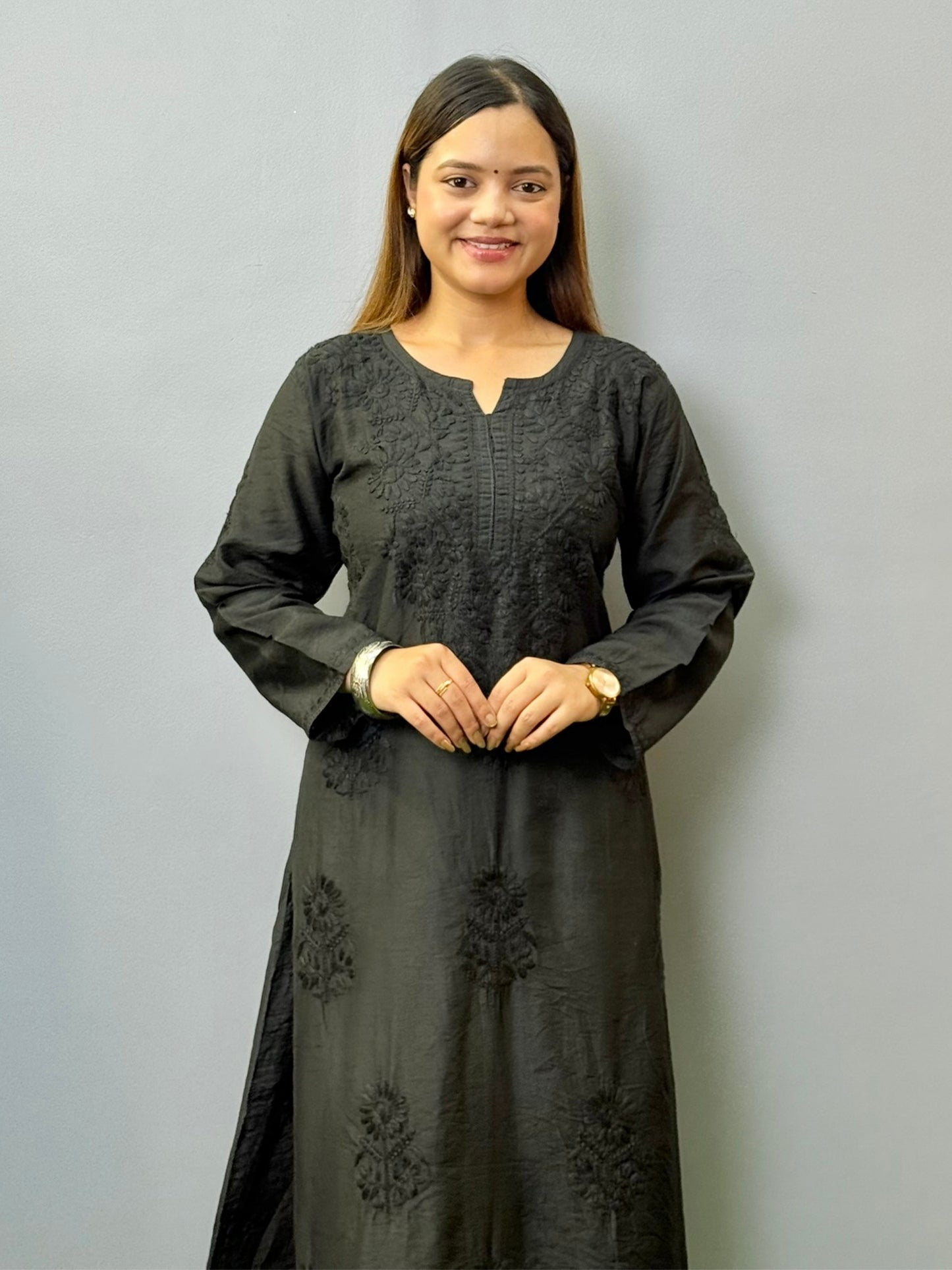 Black Chanderi Lucknowi chikankari kurta with tone-on-tone embroidery
