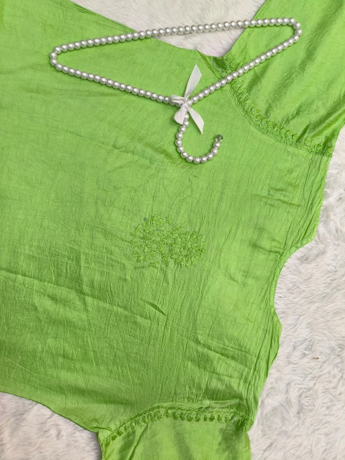 Green Chanderi Lucknow Chikankari Kurta with hand embroidery